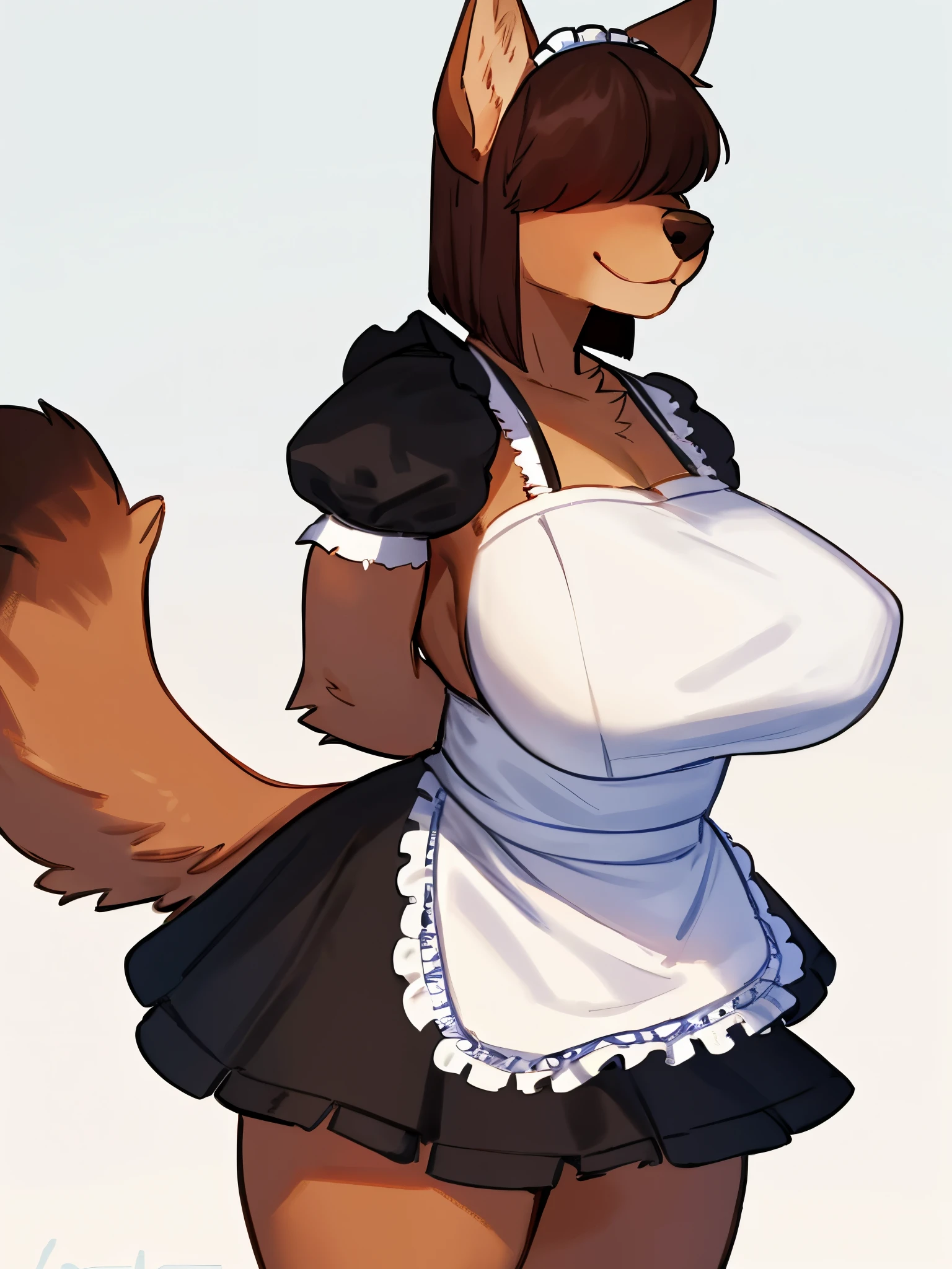 By bebebebebe, by lostgoose, by goonie-san, female, ((canine, snout, hair covering eyes, straight hair, medium hair, flat hair, ears, thin snout)), brown fur, big poofy tail, raised tail, dark maroon hair, (muscular, big breasts), solo, smiling, standing, facing viewer, ((maid outfit)), hands behind back