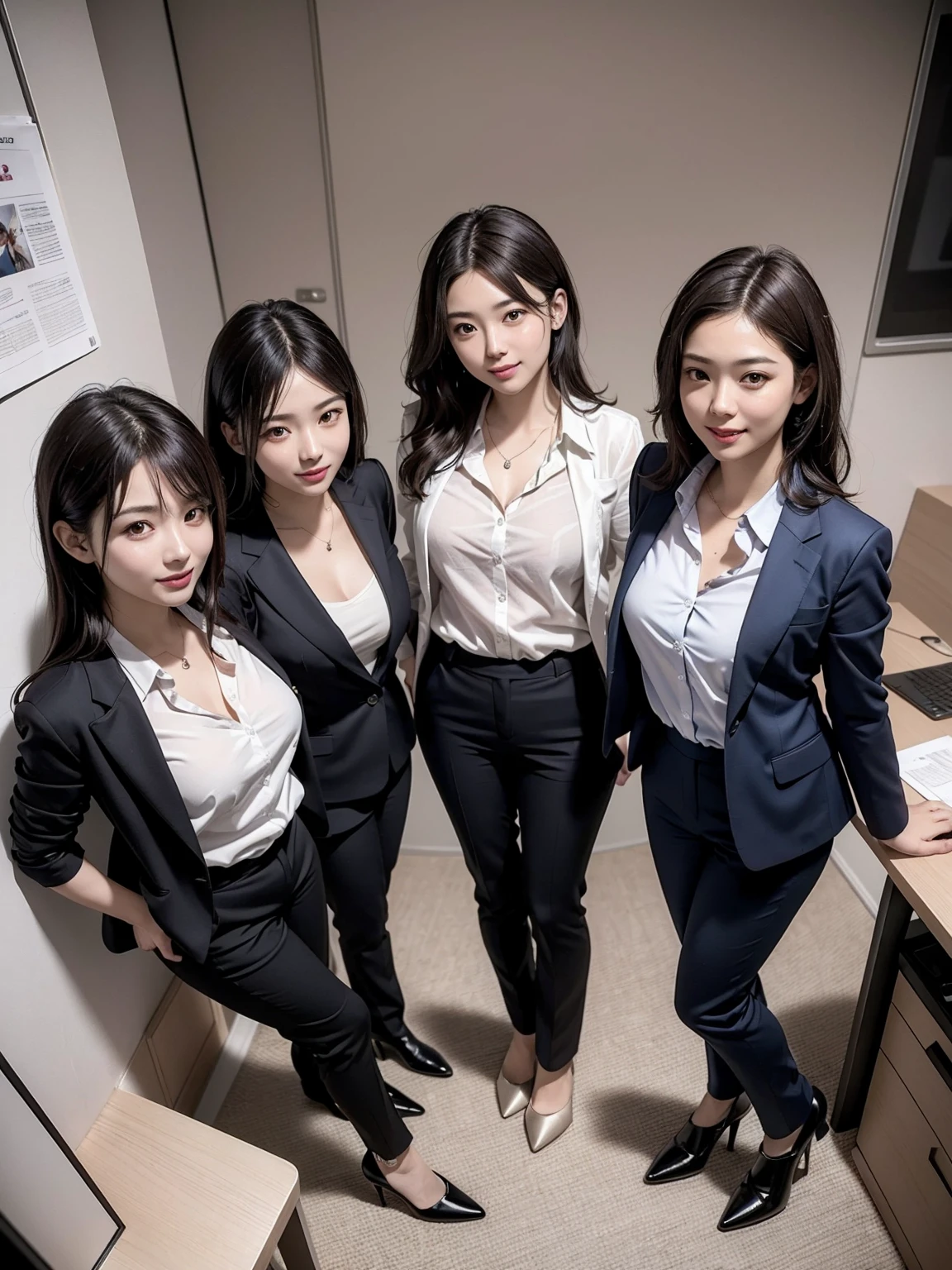 (Masterpiece), (8K, Photorealistic, RAW Photography, Best Quality: 1.4), Japan, Beautiful Face, (Realistic Face), (Medium Hair:1.3), Realistic Eyes, Beautiful Eyes, Attractive, Ultra High Definition, Ultra Realistic, High Definition, Beautiful Japan woman, grey suit, open jacket, office lady, suit, ((pants)), (modern office indoors), desk, detailed face, long hair, group picture, multiple girls, 4girls, looking at viewer, ((smile)), (from above), (white shirt), (open shirt)