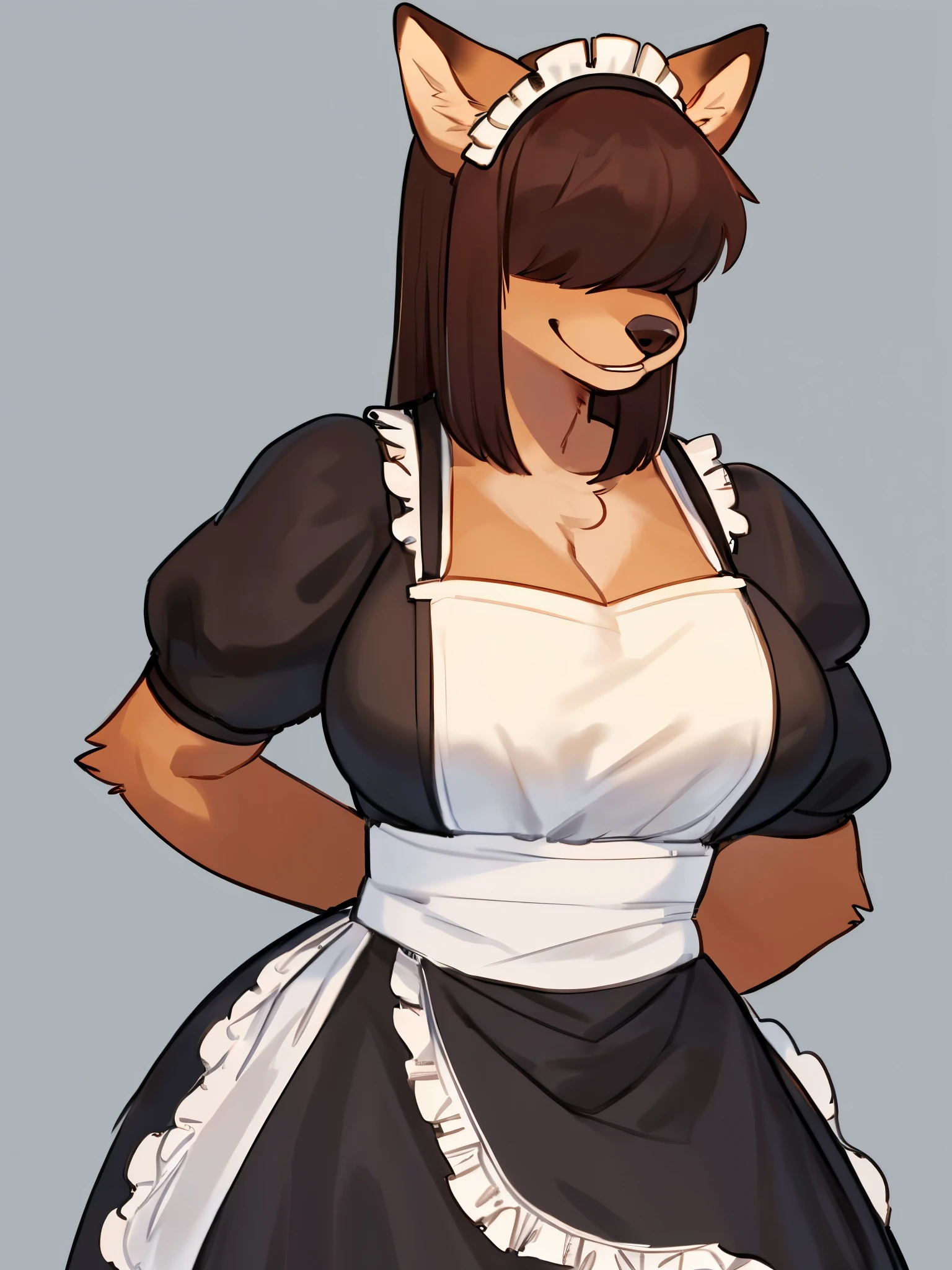 By bebebebebe, by lostgoose, by goonie-san, female, ((canine, snout, hair covering eyes, straight hair, medium hair, flat hair, ears, thin snout)), brown fur, big poofy tail, raised tail, dark maroon hair, (muscular, big breasts), solo, smiling, standing, facing viewer, ((maid outfit)), hands behind back
