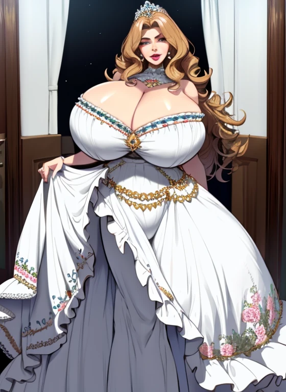 Irish woman, milf, mature, curly hair, brunette, high cheekbones, glossy lipstick, pouting, pouting lips, white pale skin, tall, curvaceous, small waist, big hips, hip dips, large breasts, big breasts, sagging breasts, looking at viewer, Best quality, 8k, Masterpiece, realistic, photorealistic, (gigantic breasts:1.2),wearing beautiful embroidery and jeweled ruffled gorgeous princess ballgown with voluminous full length hoop skirt