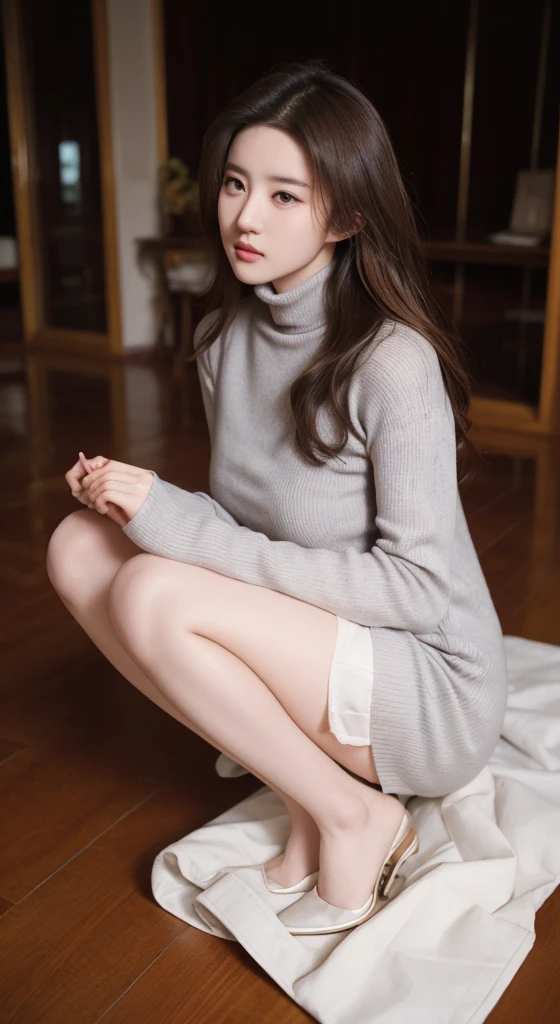 (1 Sister), Bigchest, wear a turtleneck, (Wet)((tmasterpiece)), ((Best quality)), (ultra - detailed), one pretty woman ,own, beautiful light brown hair, wavy and long hair , ((pretty eyes)), humongous large breast , baggy clothes ,Place your hands behind your back,Girl kneels on the ground and scatters flowers, perfect body figure, Place your hands behind your back, Kneel on the floor,Unlimited favor, Well-behaved and obedient sister,Can't refuse,full-body view