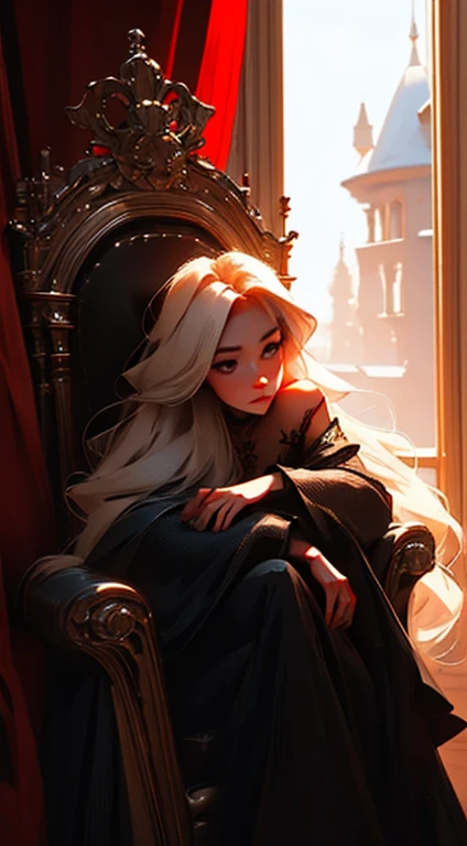 dirty blond haired girl wearing a black gown with ruffles with lifeless round eyes sitting on a throne, hair falling over her shoulders with red royal background, no emotion, shadowy, badass vibe, edgy, dark, dark background with a window on the left, sharp colouring