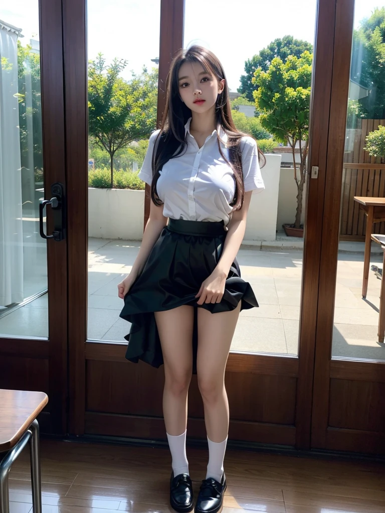 Best quality, On a table, A high resolution, quality、ultra - detailed、tmasterpiece、actual、photoreali、realistic school girl、Very detailed cute girl、(Wear surreal costumes)、 high school girls teenage girls、((up looking_down,))、Wearing a small school uniform、Pull up the skirt with both hands(skirt lift:1.6)、white colors)、Red blush、awas、looking at viewert、 humongous large breast,Beautiful supermodels、Stood up、exposing thighs!white colors,leather shoes,、Well-behaved and obedient sister,Can't refuse,full-body view