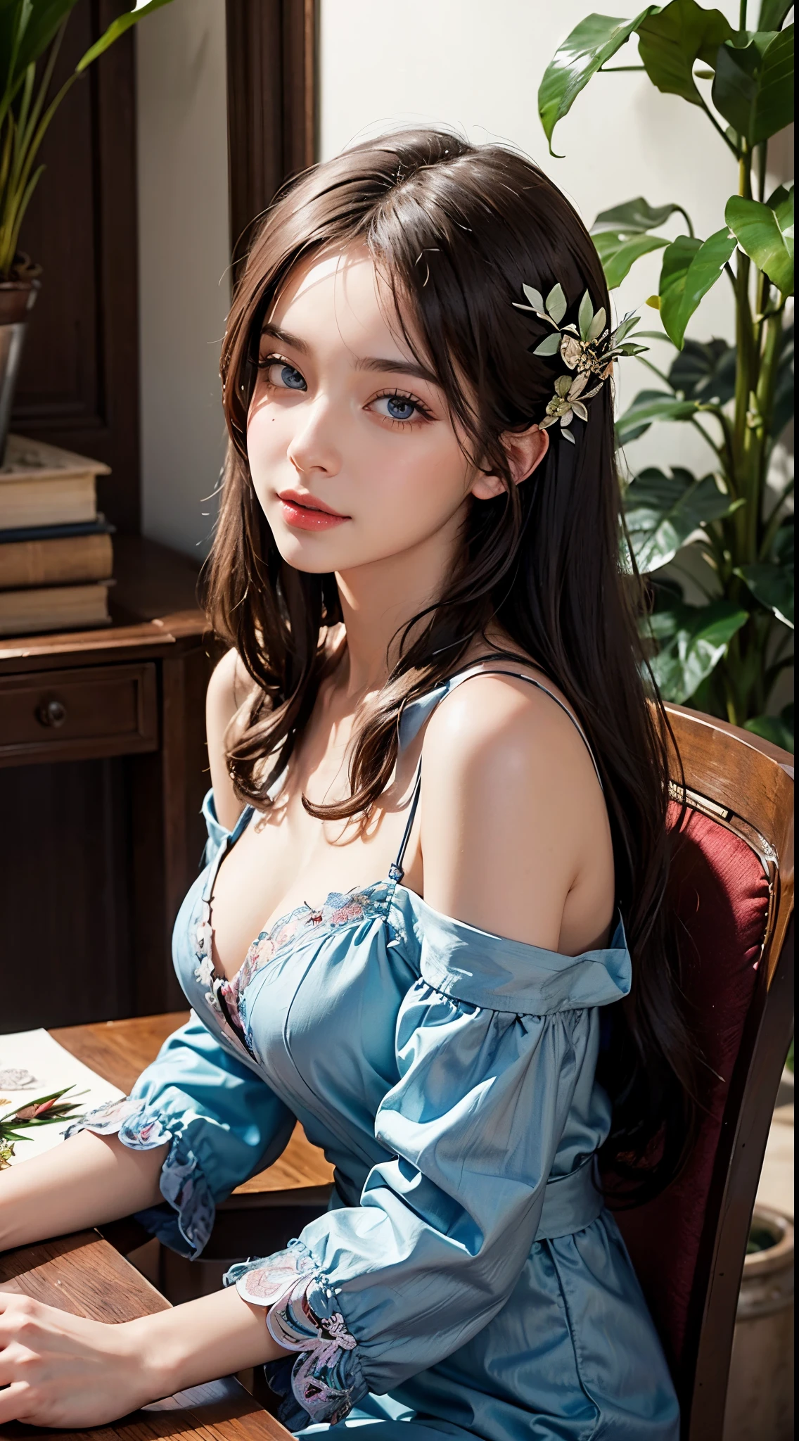 (A hyper-realistic,hight resolution, ighly detailed:1.2), (8K), (beatiful detailed eyes, A detailed face:1.2), (top-quality), (ultra-detailliert), (( masterpiece)), In the center of a large hall lined with giant entasis columns, there is a particularly luxurious baroque-style chair and desk,Gorgeous meat dishes and glasses of wine are lined up on the desk, A beautiful woman is sitting on a luxurious chair,25 years old, mature looking, Realistic Art of Drawing, Sketch, 1female, Half-body, head to bust image scope, close-up shot, Beautiful Meticulous Eyes, Cute Face, Bust, big bossoms, Beautiful Meticulous Face, seductive smile,(Botanical Illustration: 1.5), beautiful red off shoulder dress, The beautiful woman has beautiful blue eyes and long hair