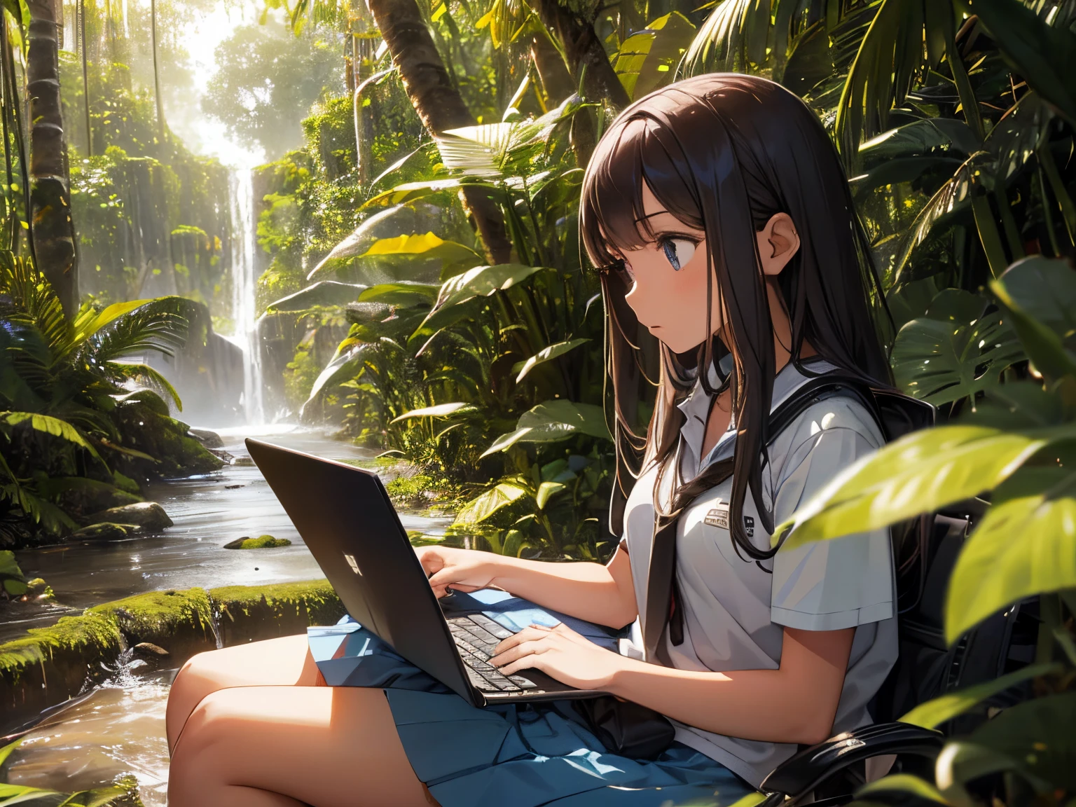 High school girl exploring the Amazon jungle with a laptop