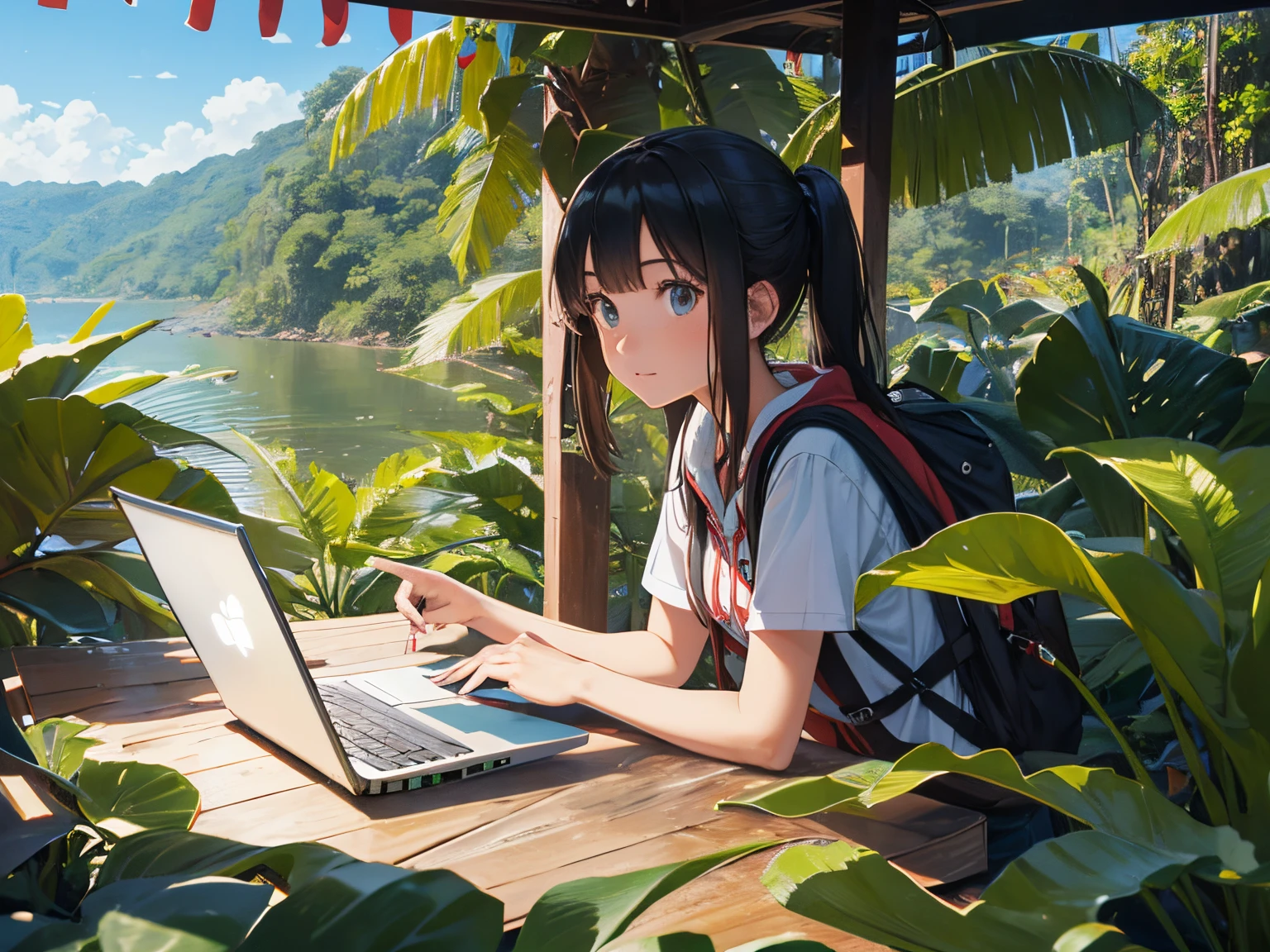 High school girl exploring the Amazon jungle with a laptop