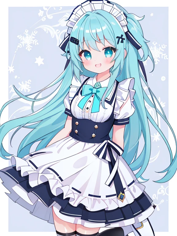 extremely detailed CG unified 8k wallpaper, very fine 8KCG wallpaper, absurderes,Lori ,Best Quality ,ultra-detailliert ,Beautiful face ,(straight-on),full bodyesbian,standing,A girl,whaite hair,Aqua_Hair,Aqua_Eyes,Blue_Eyes, hair between eye, hair over shoulders, snowflake hair ornament, Best quality, A high resolution,(Long_Hair),White_Skirt,Blue_neck bowtie,White_sailors_dress,White_Socks,Straight hair,(smile),(arms behind back),maid_dress