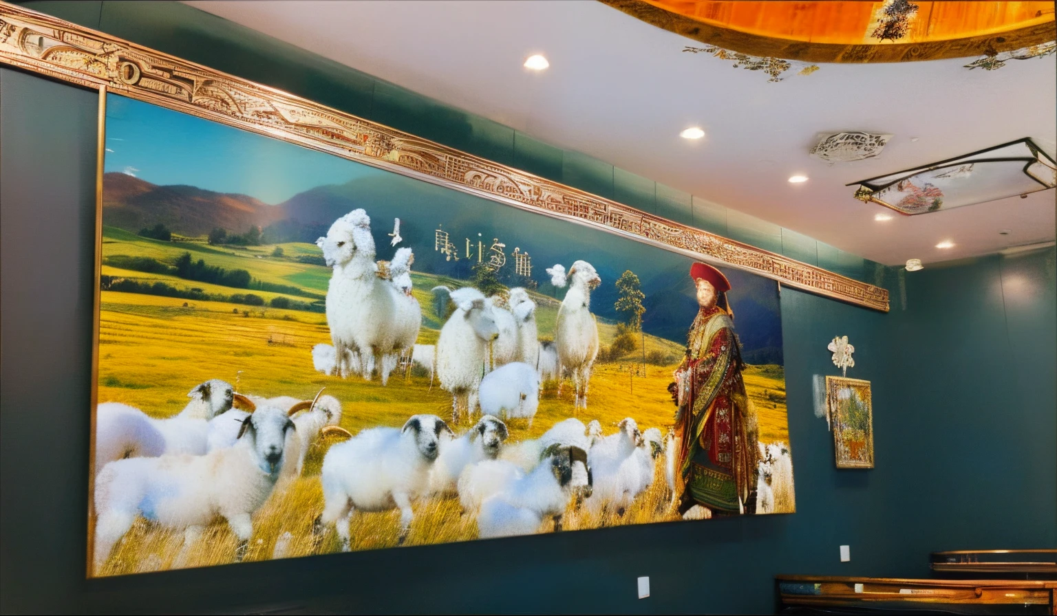 There is a picture on the wall of a shepherd leading a flock of sheep. Behind them is the golden grassland.