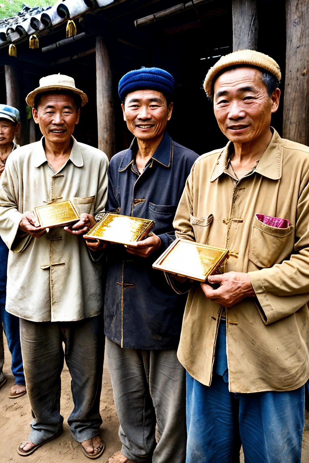 A group of old Chinese farmers wearing dirty and torn clothes holding gold bars in their hands。The environment is dirty,Everyone is happy and tall,Perfect facial features,Perfect hands,超高分辨率