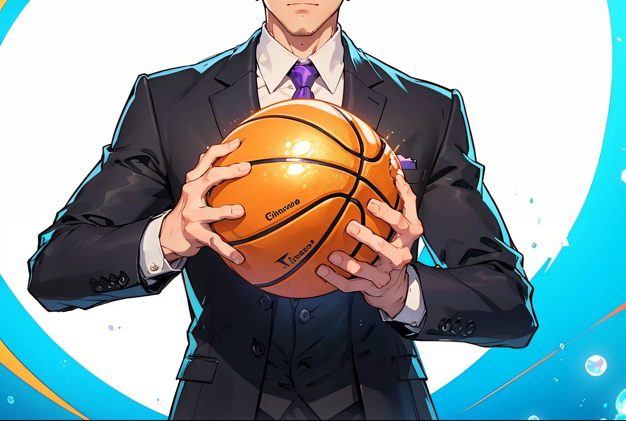 (best qualtiy:1.0),(超高分辨率:1.0),Anime boyule,A strong man with only his upper body exposed,Wear a suit、white shirt、purple necktie,Hold the basketball in both handace the lens,Character concept art、cinmatic lighting、holographic halo、modern day、flash lights、unreal-engine、UHD、super detailing、16K textured skin、high detal、3D rendering、Ray traching、Octane renderer、Blender renderer、C4D Renderer-