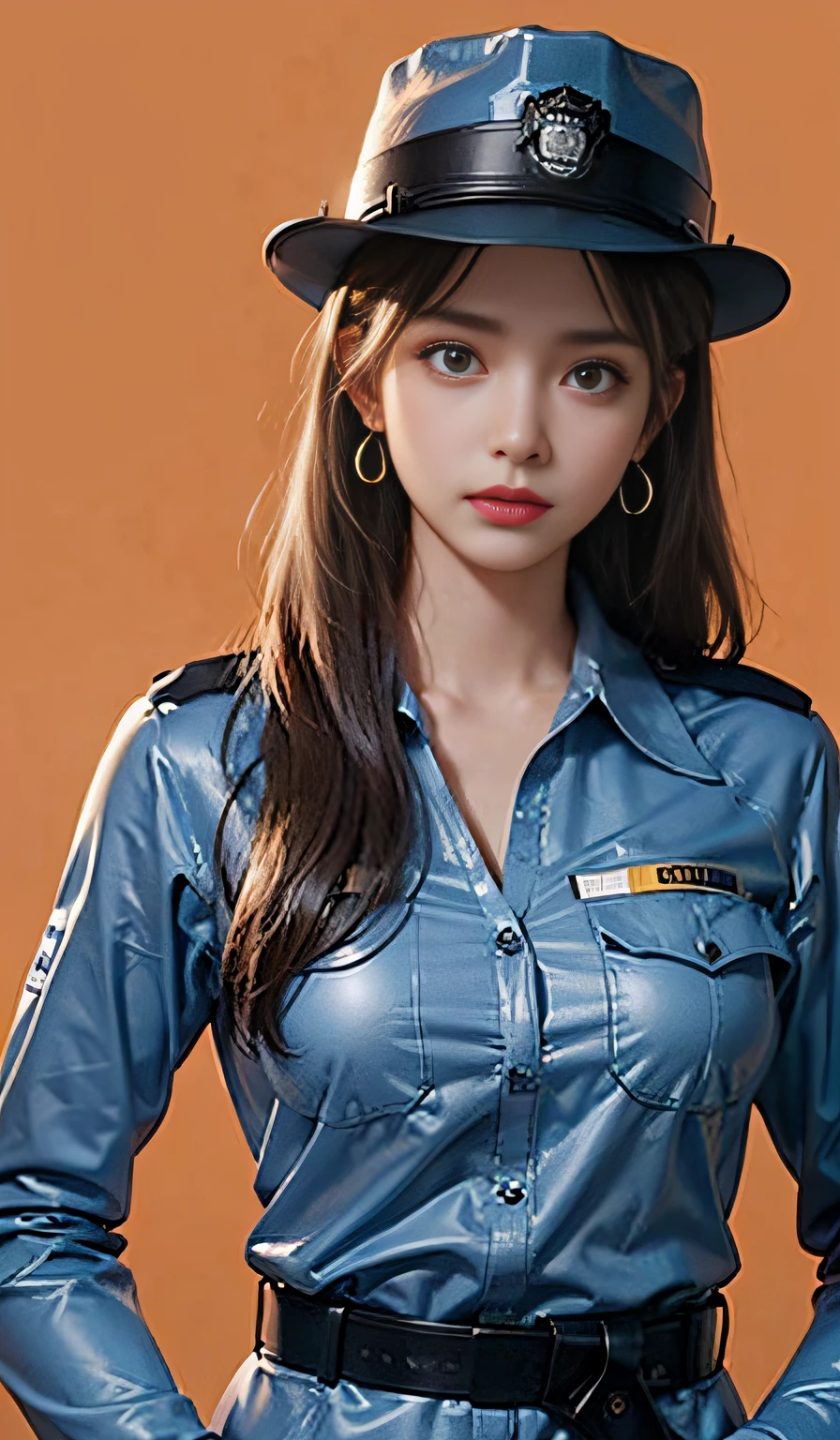 background, (Wearing a policewoman uniform and hat: 1.4), Good hands, 4K, High resolution, masutepiece, Best Quality, Head: 1.3, ((Hasselblad photo)), Fine skin, Clear focus, (Cinematic lighting), Soft lighting, Dynamic Angle, [:( Detailed face: 1.2): 0.2], medium breasts, breasts, (((Inside the mansion))), (Chest exposed: 1.1), 1 girl, Jewelry, earrings, orange_skyporn, Solo, Mole, long_hair, Mole_Under_eye, The upper part of the body_Body, greys_Eyes, up looking_で_viewer,, Brunet, Fashion, (Head tilt: 1.4),  background, Red background,