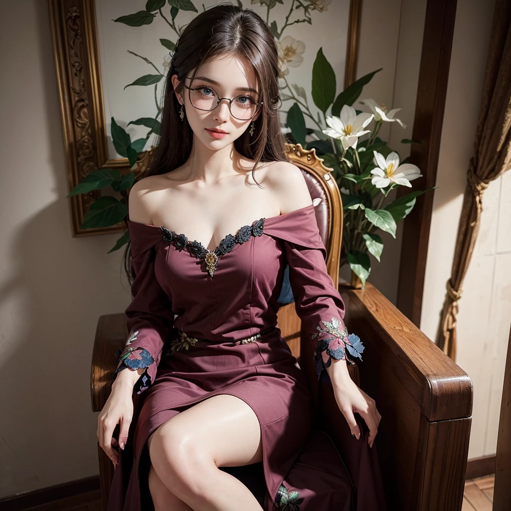 (A hyper-realistic,hight resolution, ighly detailed:1.2), (8K), (beatiful detailed eyes, A detailed face:1.2), (top-quality), (ultra-detailliert), (( masterpiece)), In the center of a large hall lined with giant entasis columns, there is a particularly luxurious baroque-style chair and desk,Gorgeous meat dishes and glasses of wine are lined up on the desk, A beautiful woman is sitting on a luxurious chair,25 years old, mature looking, Realistic Art of Drawing, Sketch, 1girl,((solo)), Half-body, head to bust image scope, close-up shot, Beautiful Meticulous Eyes, Cute Face, Bust, Beautiful Meticulous Face, seductive smile,(Botanical Illustration: 1.5), beautiful red off shoulder dress, The beautiful woman has beautiful blue eyes and long hair