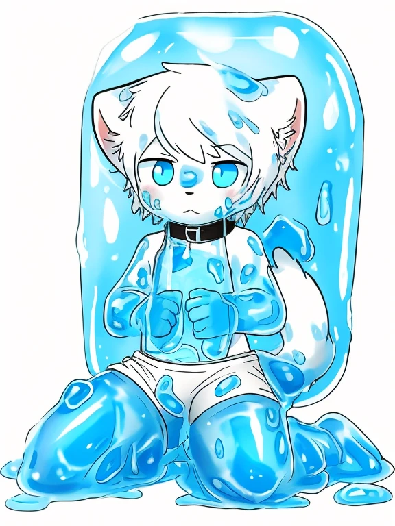 A male calico cat cub kneels in blue slime,Wearing white boxers,Covered with mucus,slimes,snow leopard,collars,Thighs covered with mucus,sink into,Trapped,