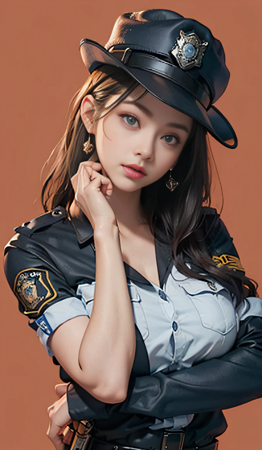 Simple background, (Wearing a policewoman uniform and hat: 1.4), Good hands, 4K, High resolution, masutepiece, Best Quality, Head: 1.3, ((Hasselblad photo)), Fine skin, Clear focus, (Cinematic lighting), Soft lighting, Dynamic Angle, [:( Detailed face: 1.2): 0.2], medium breasts, breasts, (((Inside the mansion))), (Chest exposed: 1.1), 1 girl, Jewelry, earrings, orange_skyporn, Solo, Mole, long_hair, Mole_Under_eye, The upper part of the body_Body, greys_Eyes, up looking_で_viewer,, Brunet, Fashion, (Head tilt: 1.4), Simple background, Red background,