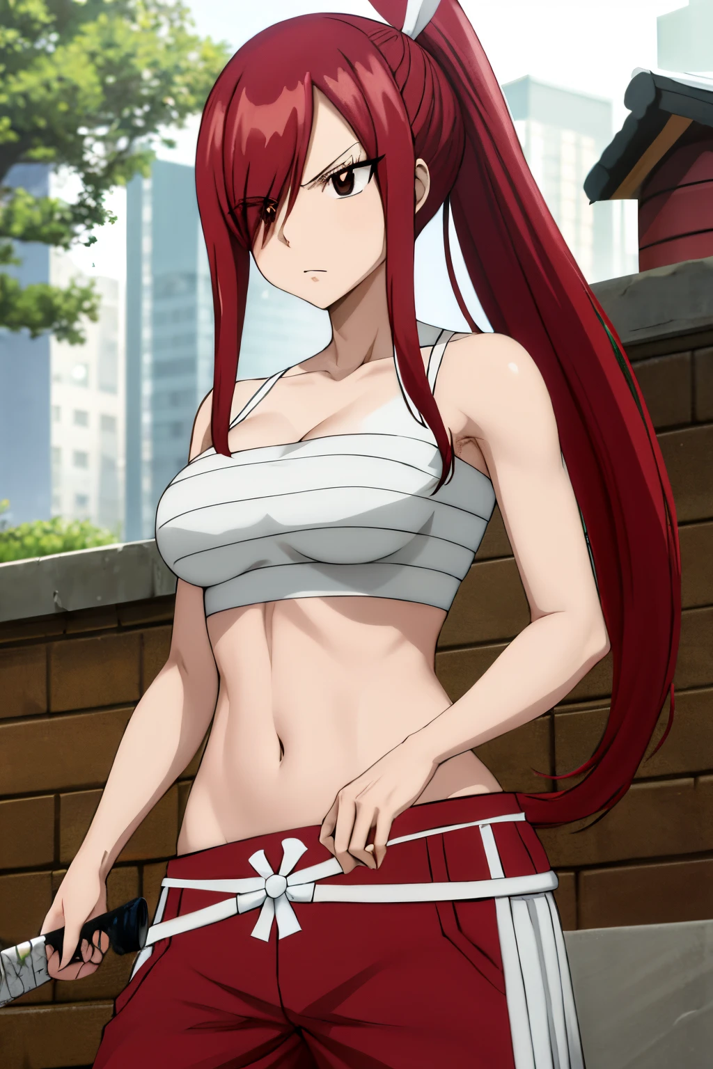 masutepiece, Best Quality, hight resolution, fairy tail, 1girl in, Long hair, Red hair, Ponytail, White ribbon, Hair over one eye, Brown eyes, Large breasts, 鎖骨, chest sarashi, bandaged, Bare arms, Midriff, Red Hakama, Red pants, Standing, holding weapon, Sword, katanas, Outdoors,