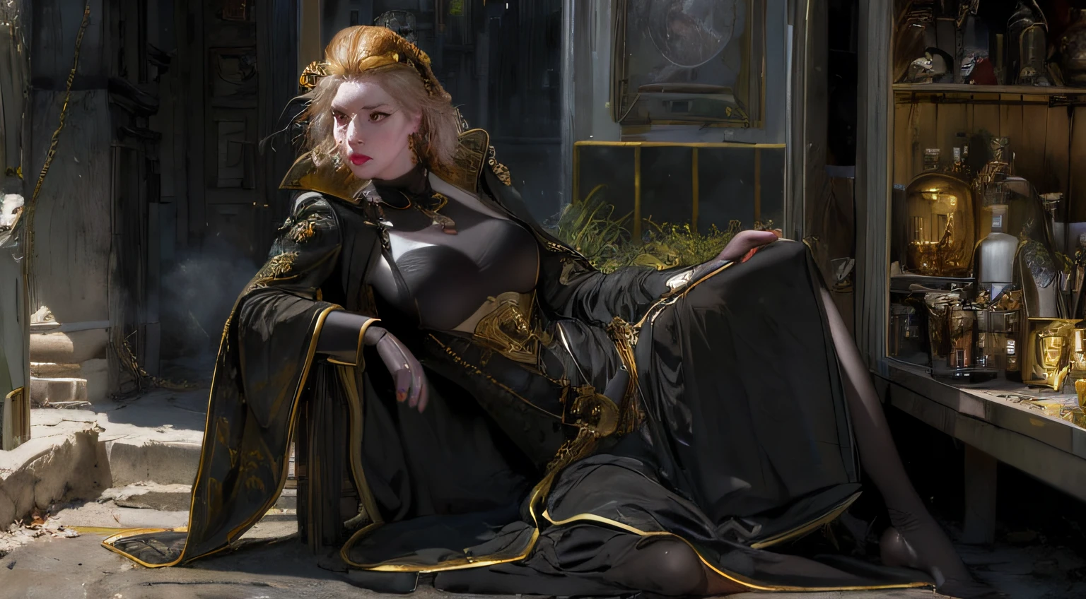 (Best quality at best, 4K, 8K, A high resolution, tmasterpiece:1.2), ultra - detailed,(actual, realistically, realistically:1.37), HighDynamicRange, hyper HD, Woman in black and gold outfit, ornate cyberpunk robes, in detailed steampunk dress, gold plated black, Imperial royal elegant clothing, Steampunk clothes, Wearing a black noble suit, xix century military outfit, Armored dieselpunk wardrobe, fashionable attire, very detailed and rich clothing, wearing a noblewoman's outfit, Black armor, black and golden armor