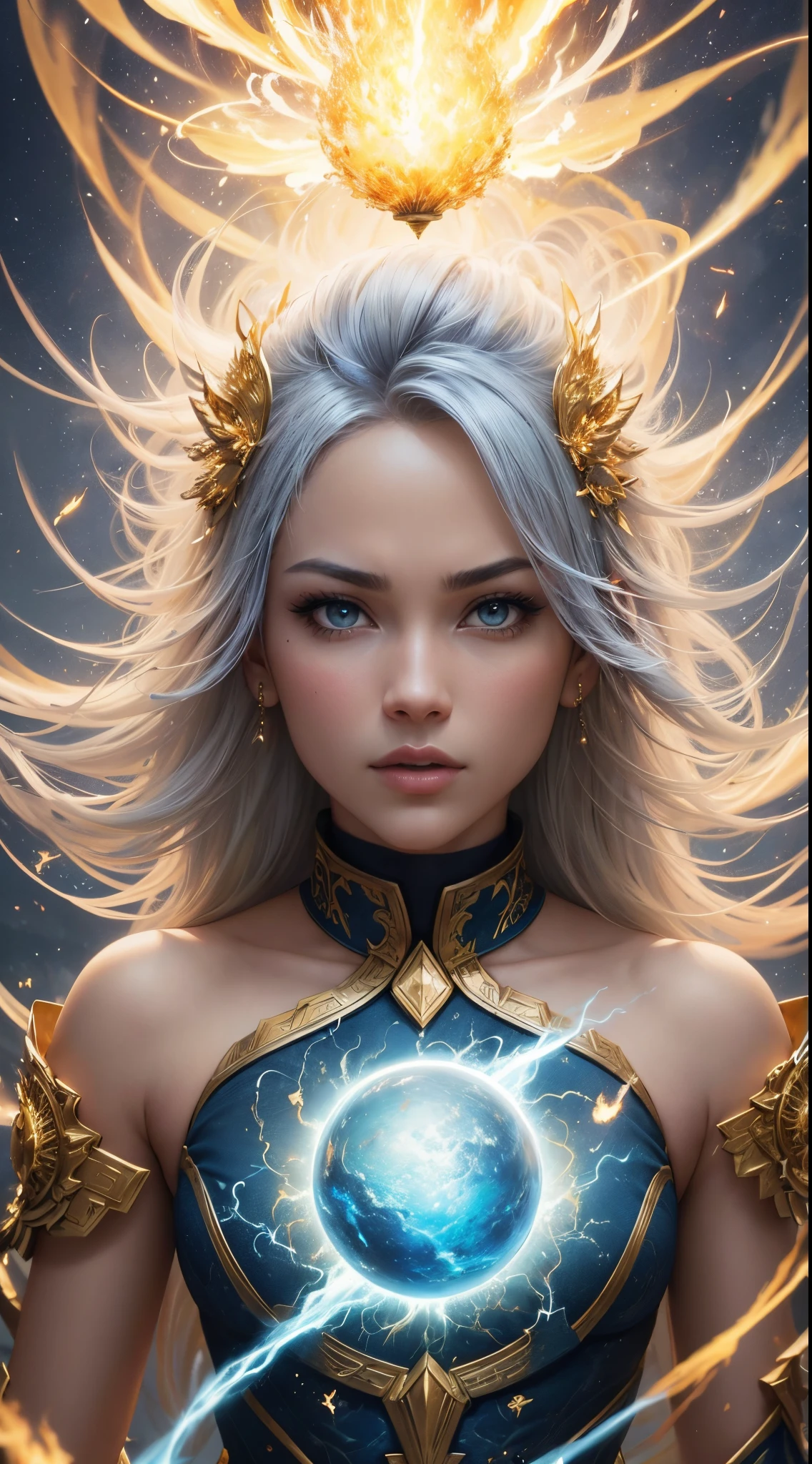 Spark cotton blue-gold fire ball lightning whirling Ultra detailed illustration painting of a bedazzling wild enviroment, rule of thirds depth of field intricate details, concept art, subtle colors, fantastical realm, extremely detailed, ultra sharp focus, light particles, attention to detail, grandeur and awe, cinematic, stunning visual masterpiece, double exposure, 8k, photorealistic, strong outlines, dynamic pose,