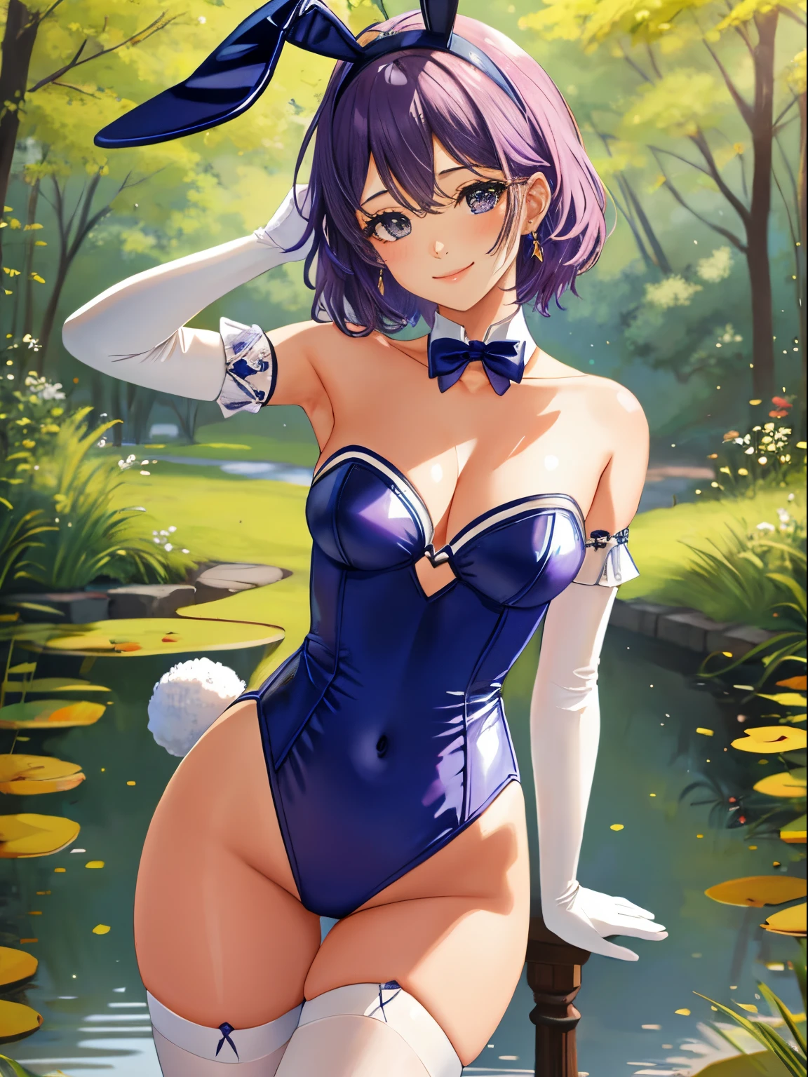 defBernie, purple hair, 1girl, solo, small breasts, looking at viewer, blush, large breasts, nature, pond, trees, park, long white elbow satin gloves, holding, animal ears, cleavage, bare shoulders, jewelry, very l, gentle smile, pantyhose, earrings, rabbit ears, blue leotard, fake animal earunny, long white elbow gloves