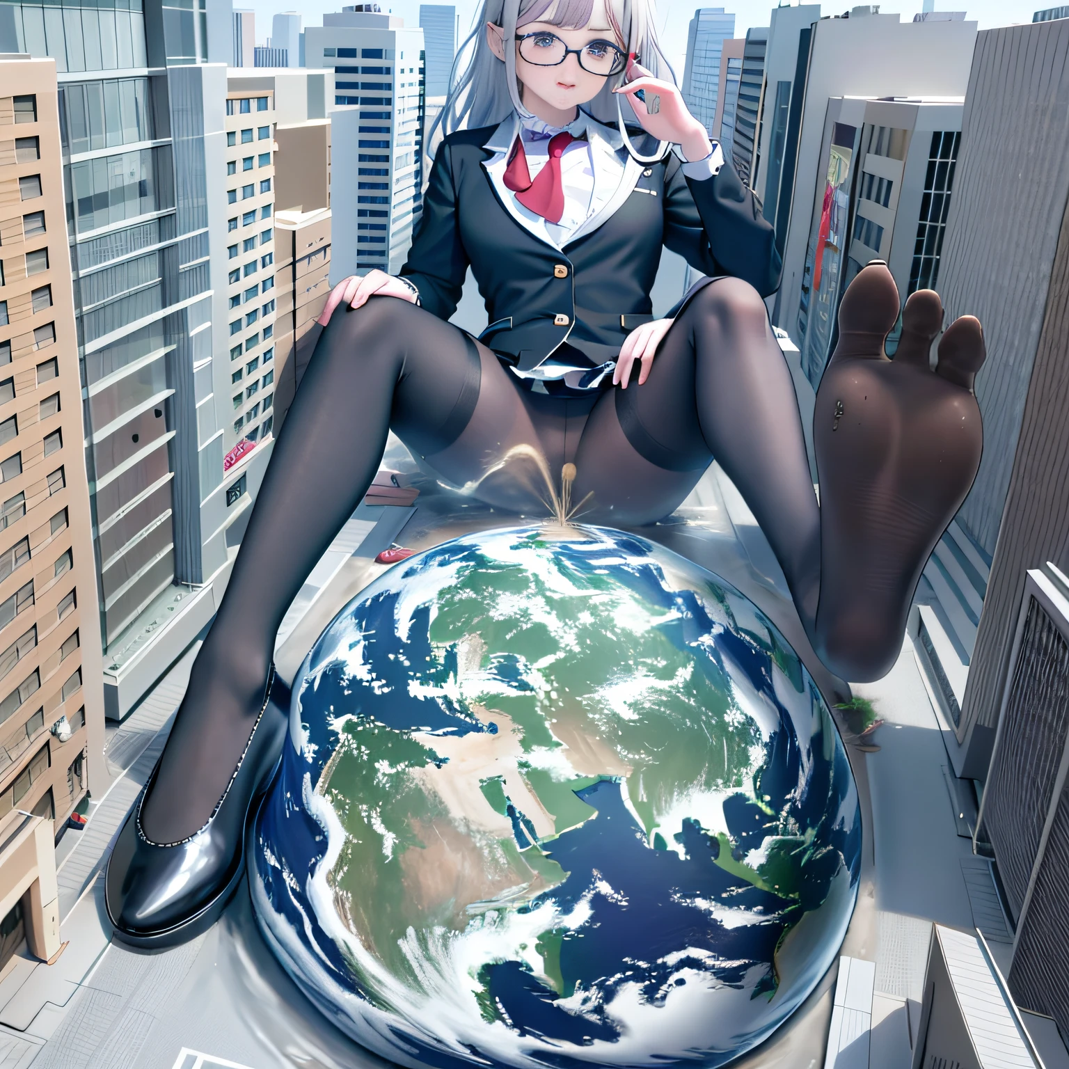 Multiple girls, giantess art, a hyperrealistic schoolgirl, highly detailed giantess shot, der riese, Shorthair, Black pantyhose, a huge high school girl、'It's much bigger than a skyscraper, Wearing rimless glasses, Colossal tits, Navy blue blazer, Red tie, Mini Length Skirt, Black pantyhose, I'm not wearing shoes., very small metropolis, miniature metropolis, In a miniature metropolis just a few feet tall.、squatting and urinating, The city is a sea of urine, tsunami of urine, Small trains and cars are washed away with urine., Full body depiction, nffsw, Giga Giants, Black pantyhose, Pantyhose legs, Pantyhose feet, ,Stomping City,crash city,Small town,micro city, Peeing,