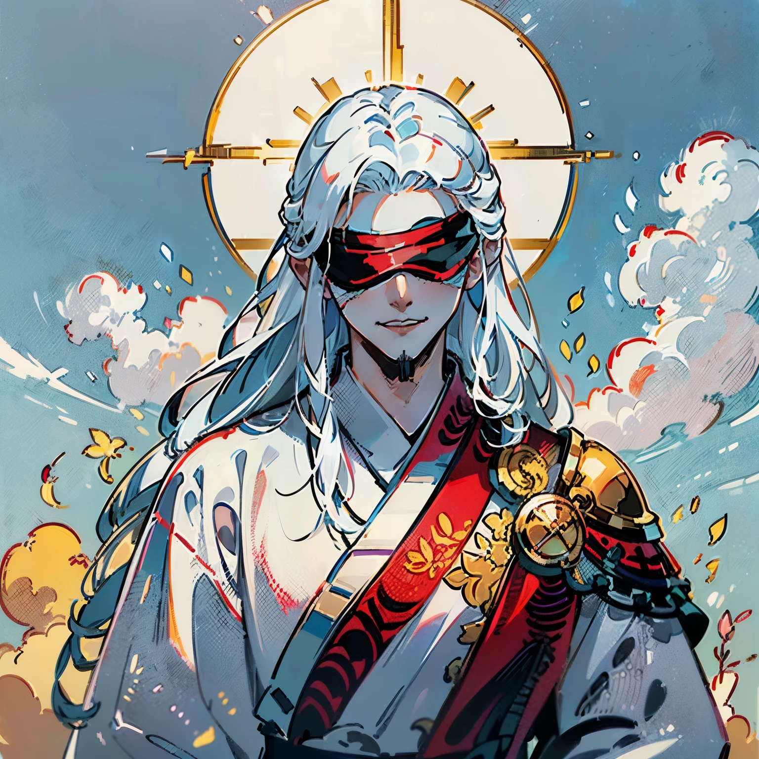 Anime - stylistic image of a man with long white hair and four eyes on his face., A man with white long hair stands half-turned and looks at the camera., ((tmasterpiece)), ((beste-Qualit, hight resolution, ultradetailed), bright colours, ((((1 male)))), Male character, grown up, tall muscular guy, wide shoulders, Strong Character, Fantasy, dnd, person, albino, ((blindfold)), face mask, closed face, The Albino Man, Pure White Long Hair, White long hair (hair above one eye), (big hair), white colored hair, slick hair, straight hair, Creating an atmospheric atmosphere, pale skin, macabre, Gloomy design, Has red smoke and aura, eldritch, Creepy, nightmarish, Additional lighting, Against the background of the sky, Beautiful and harmonious scene, Exquisite animation, Rich Details, hiquality, Четкость 4K, in a white kimono, looks at the viewer, canny smile, smirk, muscular back, Men's Back, white-haired god, White silk garment, Gold Pattern