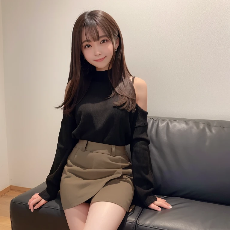black knit mini skirt, sofa, livingroom, Smile, Brown hair, shoulder-length hair, White wall background, Very white skin