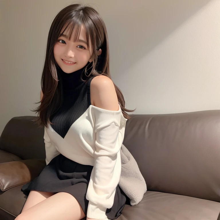 black knit mini skirt, sofa, livingroom, Smile, Brown hair, shoulder-length hair, White wall background, Very white skin