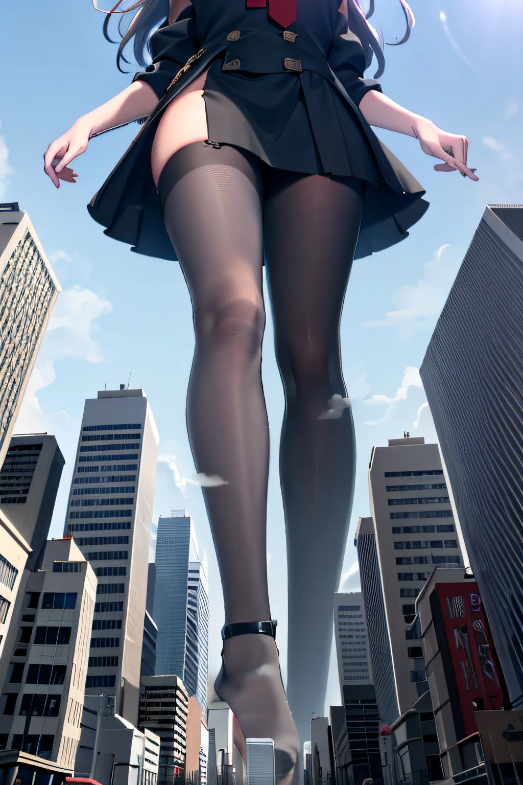 giantess art, a hyperrealistic schoolgirl, highly detailed giantess shot, der riese, Shorthair, Black pantyhose, A gigantic high school girl that exceeds a skyscraper, Wearing rimless glasses, Colossal tits, Navy blue blazer, Red tie, Mini Length Skirt, Black pantyhose, Pantyhose sole, Pantyhose Toe, hands off shoes, very small metropolis, Trying to destroy a miniature metropolis, Full body depiction, nffsw, Giga Giants, der riese, Black pantyhose, Pantyhose legs, Pantyhose sole, Stomping City, crash city, Small town, micro city,