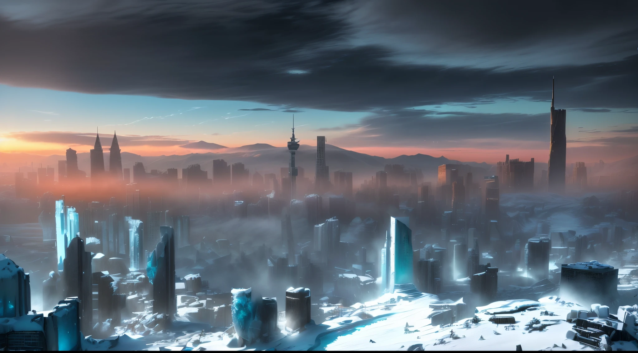 Snowy city，Snow-capped skyscrapers，People walk on snowy roads,  city in 2 0 8 0, apocalyptic future city, Photo of futuristic cityscape, futuristic dystopian city, Futuristic city landscape, futuristic  background, Futuristic city background, Futuristic city landscape, dystopian scifi apocalypse, futuristic  background, dystopian city, Dystopian digital concept art，frozen waterfall, Icicles, Frozen statue, Icicles, icy, Freeze and cover with , Covered in , entrapped in , Terrible sharpness and cold, frozen like a statue, everything is made out of ，(Best quality,4K,8K,A high resolution,Masterpiece:1.2),Ultra-detailed,(Realistic,Photorealistic,photo-realistic:1.37),South Pole， - carving,stark landscape,Partially submerged Statue of Liberty,（（（Sloping Statue of Liberty,））） river, and snow, mountain,Bleak,White world,Frozen ruins,post apocalyptic world，Desolation and despair,Unpredictable weather conditions,Extreme cold,Icicles, Frozen statue, Icicles, icy, Freeze and cover with , Covered in , entrapped in , Terrible sharpness and cold, frozen like a statue, dripping stalagtites, Armor made of , everything is made out of