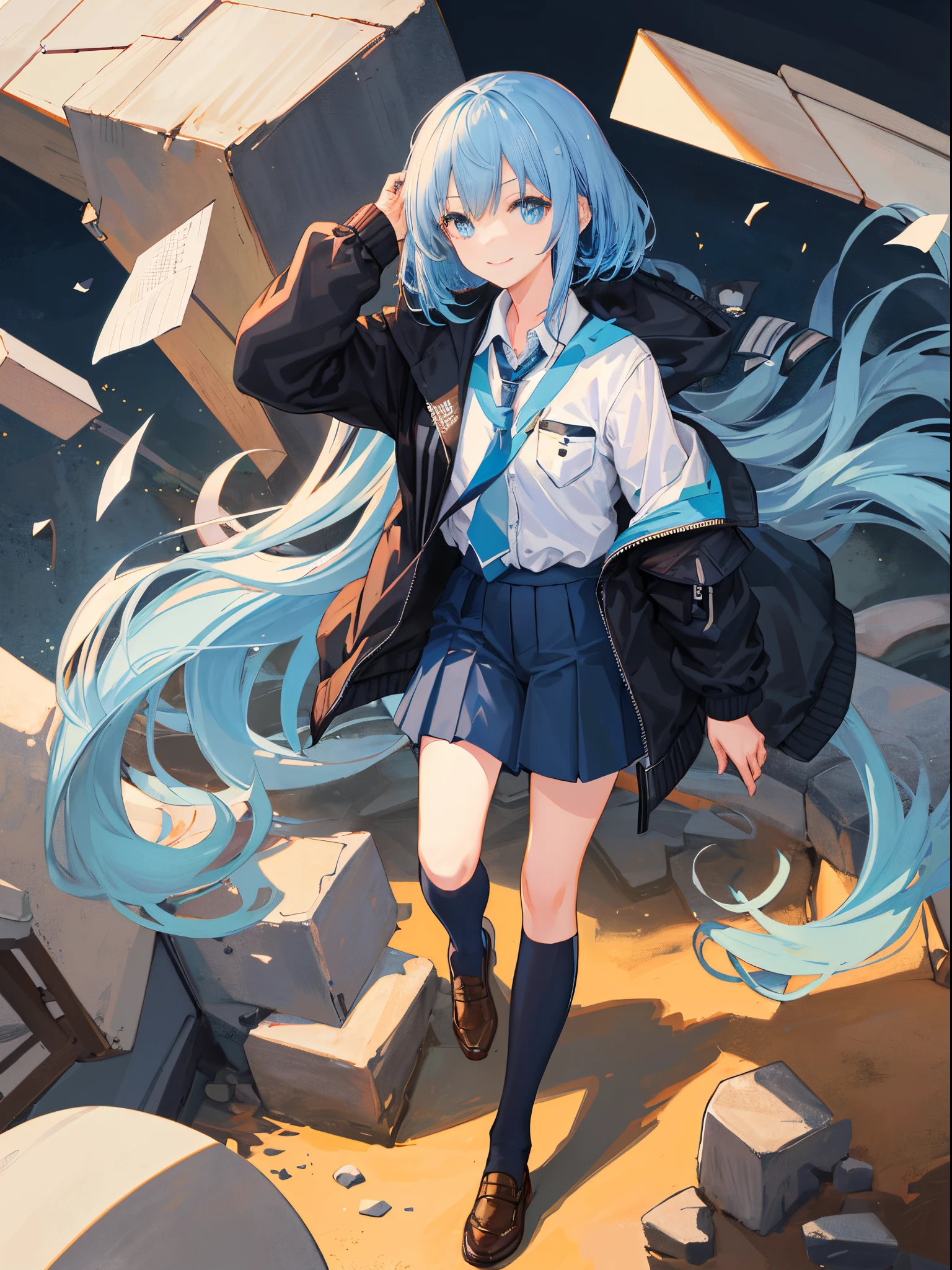 ((quality)), ((masterpiece)), ((ultra - detailed)), (Extremely Delicately Beautiful), Girl vs, 独奏, Cold attitude,((Black jacket)),She is very(unwind)with  the(Settle down)looks,A brunette one, depth of fields,lusty  smile,airbubble, Under water, airbubble,bright light blue eyes,Internal color is light blue hair and dark blue tips,Cold background,Bob Hair - Linear Art, shorter pants、knee length socks、white like school uniform、Light blue ribbon tie、The clothes are transparent、hands in a pocket