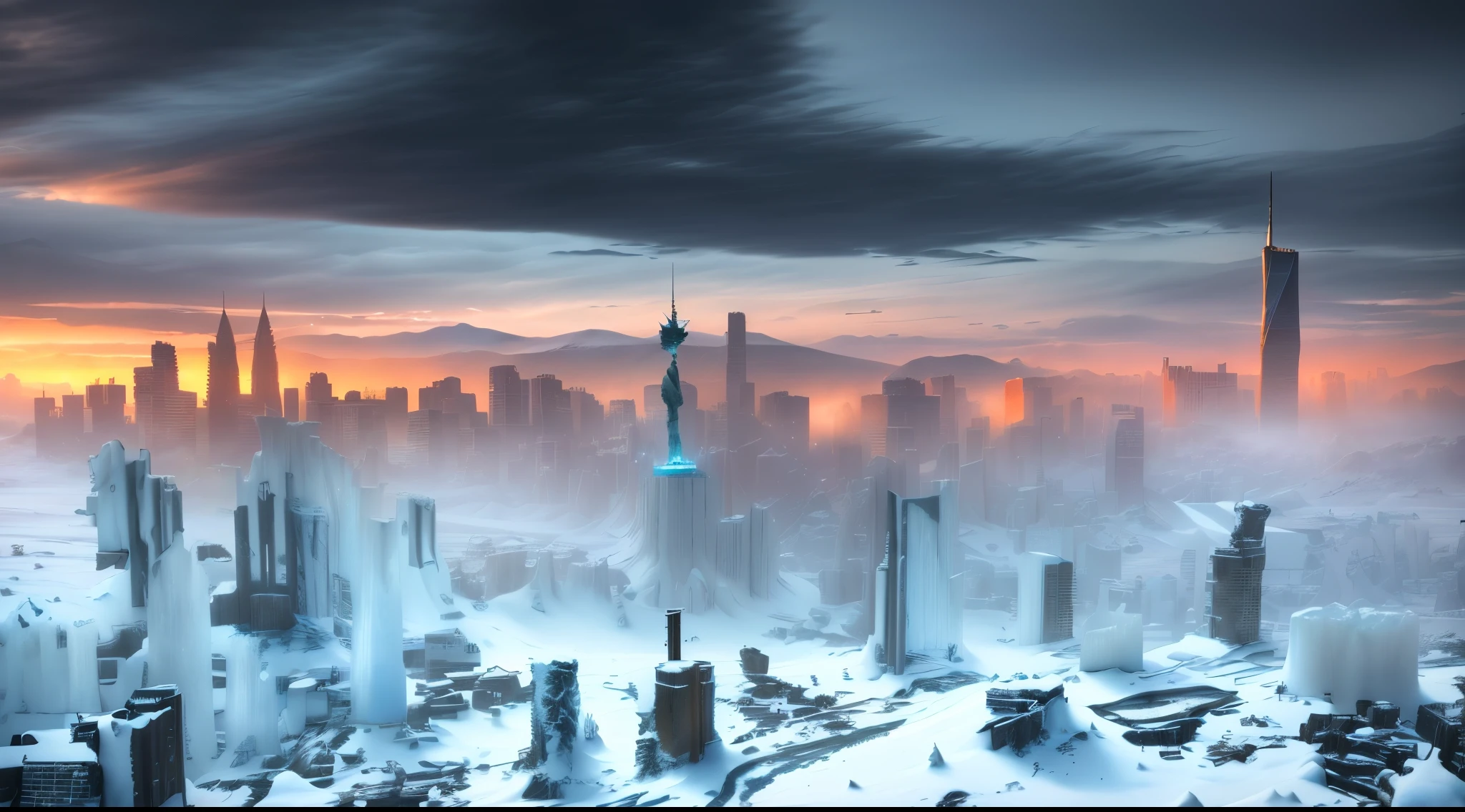 Snowy city，Snow-capped skyscrapers，People walk on snowy roads,  city in 2 0 8 0, apocalyptic future city, Photo of futuristic cityscape, futuristic dystopian city, Futuristic city landscape, futuristic  background, Futuristic city background, Futuristic city landscape, dystopian scifi apocalypse, futuristic  background, dystopian city, Dystopian digital concept art，frozen waterfall, Icicles, Frozen statue, Icicles, icy, Freeze and cover with , Covered in , entrapped in , Terrible sharpness and cold, frozen like a statue, everything is made out of ，(Best quality,4K,8K,A high resolution,Masterpiece:1.2),Ultra-detailed,(Realistic,Photorealistic,photo-realistic:1.37),South Pole， - carving,stark landscape,Partially submerged Statue of Liberty,（（（Sloping Statue of Liberty,））） river, and snow, mountain,Bleak,White world,Frozen ruins,post apocalyptic world，Desolation and despair,Unpredictable weather conditions,Extreme cold,Icicles, Frozen statue, Icicles, icy, Freeze and cover with , Covered in , entrapped in , Terrible sharpness and cold, frozen like a statue, dripping stalagtites, Armor made of , everything is made out of