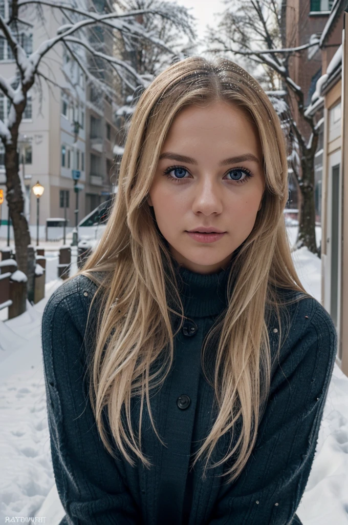 (beste-Qualit, 4K, 8K, hight resolution, Meisterwerk : 1.2), Ultra-detailliert, (Realistisch, fotoreallistisch, fotoreallistisch : 1.37) ((best quality)), ((Meisterwerk)), (Detailliert), Perfektes Gesicht, 1.1, Hochdetaillierte Gesichts- und Hautstruktur, Detaillierte Augen, symmetrische Augen, Anna Björn a 21 year old blonde swedish girl, full body pictures in cozy winter clothing, snowy stockholm city background, cute makeup, cute poses, aesthetic instagram pictures