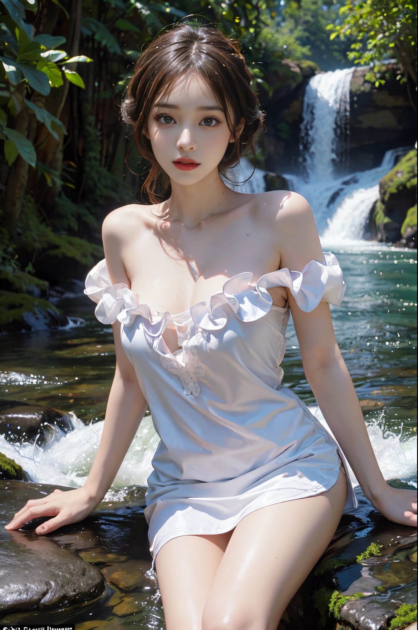 Special clothes34,bare shoulders,shirt, fashi-girl,red lips,mature female,makeup, makeup, ((cowboy shot)), (best quality, masterpiece:1.2), Sitting, sitting on a rock, ultra-detailed, (realistic:1.37), beautiful, youthful, glamorous model with (detailed eyes, detailed lips, extremely detailed eyes), with white and floral colors, showcasing a radiant smile, slender figure, long legs, creating a breathtaking depiction of a girl enjoying the water, realistic waterfalls, wet clothes and hair, radiant sunlight, lush greenery, refreshing mist, Elegant pose, random pose, random Angle of view, Getting wet under a waterfall, The waterfall fell on her