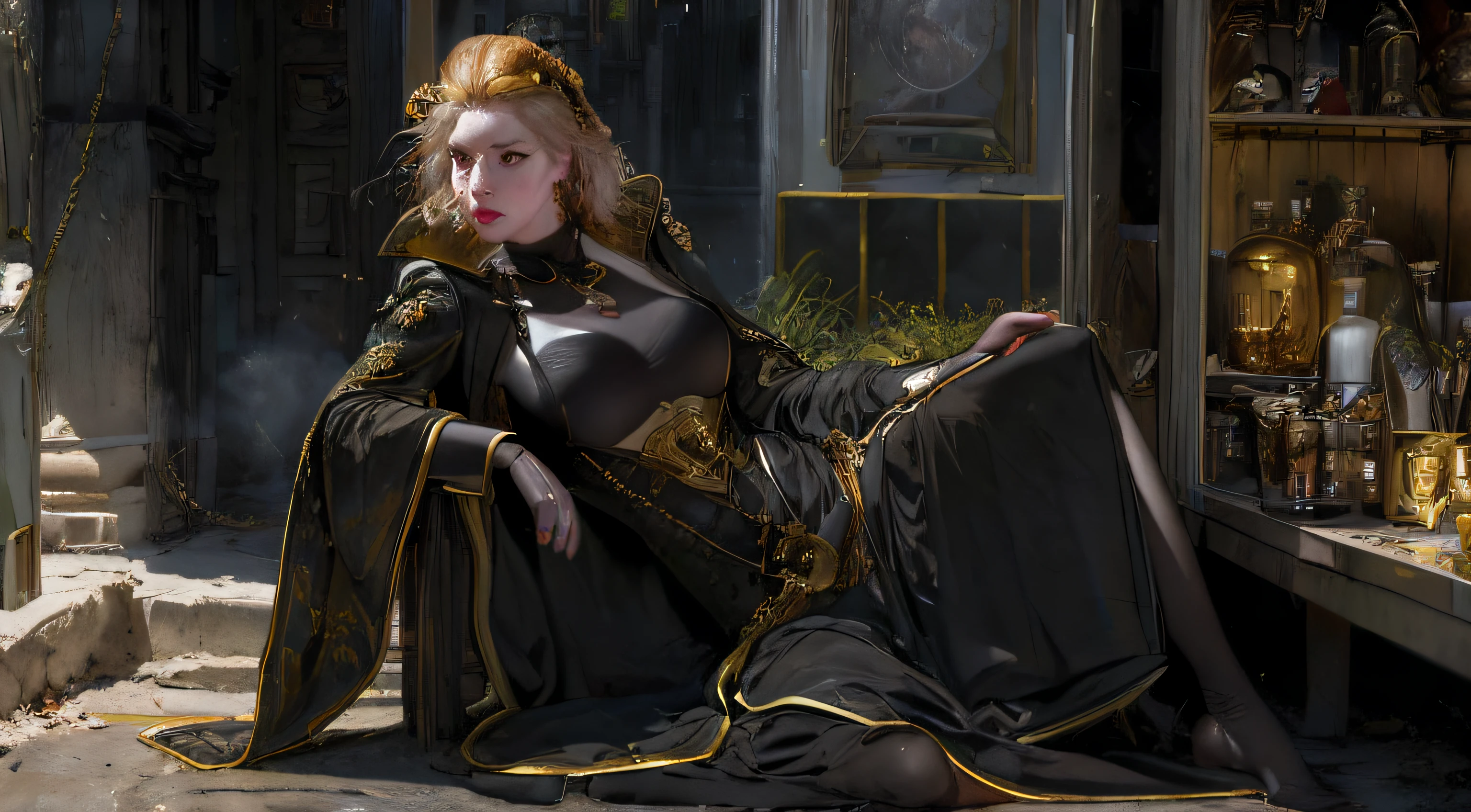 (Best quality, 4K, 8K, A high resolution, tmasterpiece:1.2), ultra - detailed,(actual, realistically, realistically:1.37), HighDynamicRange, hyper HD, Woman in black and gold outfit, ornate cyberpunk robes, in detailed steampunk dress, gold plated black, Imperial royal elegant clothing, Steampunk clothes, Wearing a black noble suit, xix century military outfit, Armored dieselpunk wardrobe, fashionable attire, very detailed and rich clothing, wearing a noblewoman's outfit, Black armor, black and golden armor