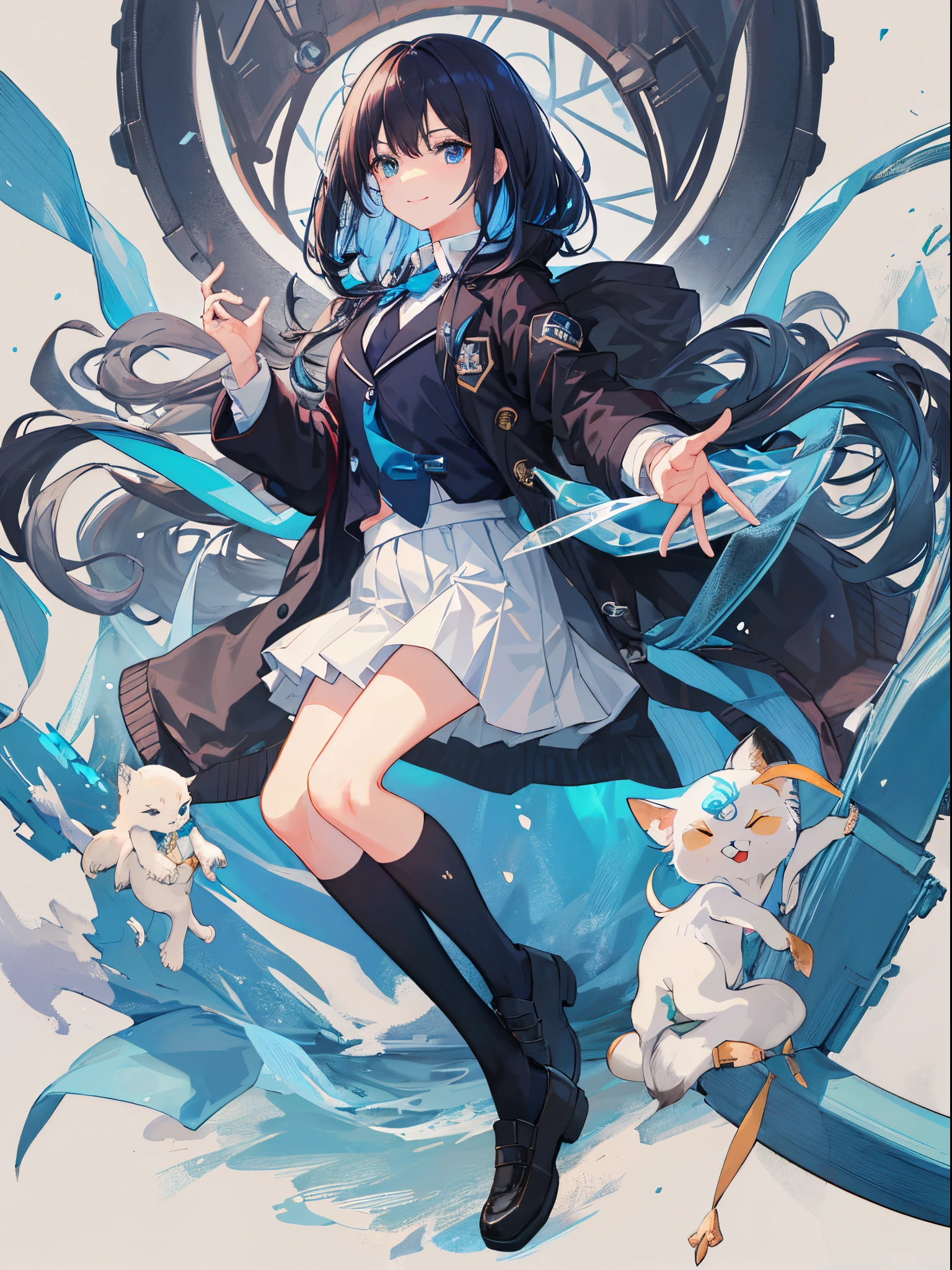 ((quality)), ((masterpiece)), ((ultra - detailed)), (Extremely Delicately Beautiful), Girl vs, 独奏, Cold attitude,((Black jacket)),She is very(unwind)with the(Settle down)looks,A brunette one, depth of fields,lusty smile,airbubble, Under water, airbubble,bright light blue eyes,Internal color is light blue hair and dark blue tips,Cold background,Bob Hair - Linear Art, shorter pants、knee length socks、white like school uniform、Light blue ribbon tie、The clothes are transparent、hands in a pocket