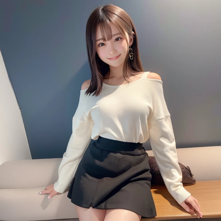 red knit mini skirt, sofa, livingroom, Smile, Brown hair, shoulder-length hair, White wall background, Very white skin
