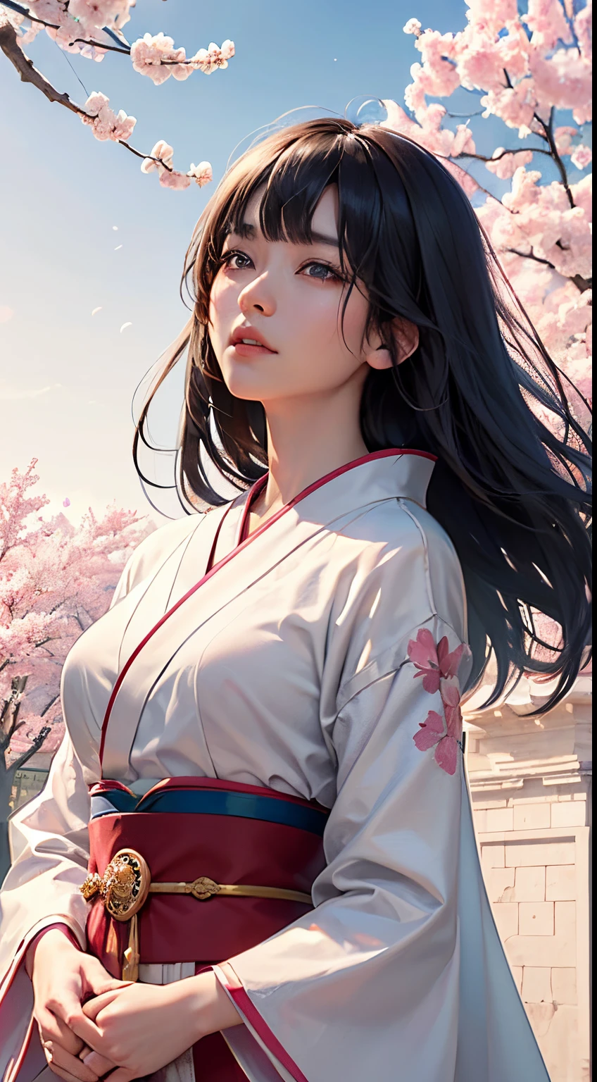 (A logo、masterpiece、8K、masutepiece、Raw photo、Fantastic、Best Quality、Photorealistic and highly detailed CG integrated 8K wallpaper、hightquality、ighly detailed、epic poem、Particle effect、Dynamic effects、depth of fields、Cinematic Light、Lens Flare、Ray tracing)、Fantasia、 (1 beautiful woman in a white coat、robe blanche、Japanese dress、A dark-haired、Beautiful face、Real Face、beautiful details eyes beautiful skin)、Hair flutters in the wind、Hair jumps、Pink cherry blossom tree、Petals flutter、Sakura blizzard、Superb view、morning glow、Sun in the background、the wind、Deities、tusk、myth、Vast Land、