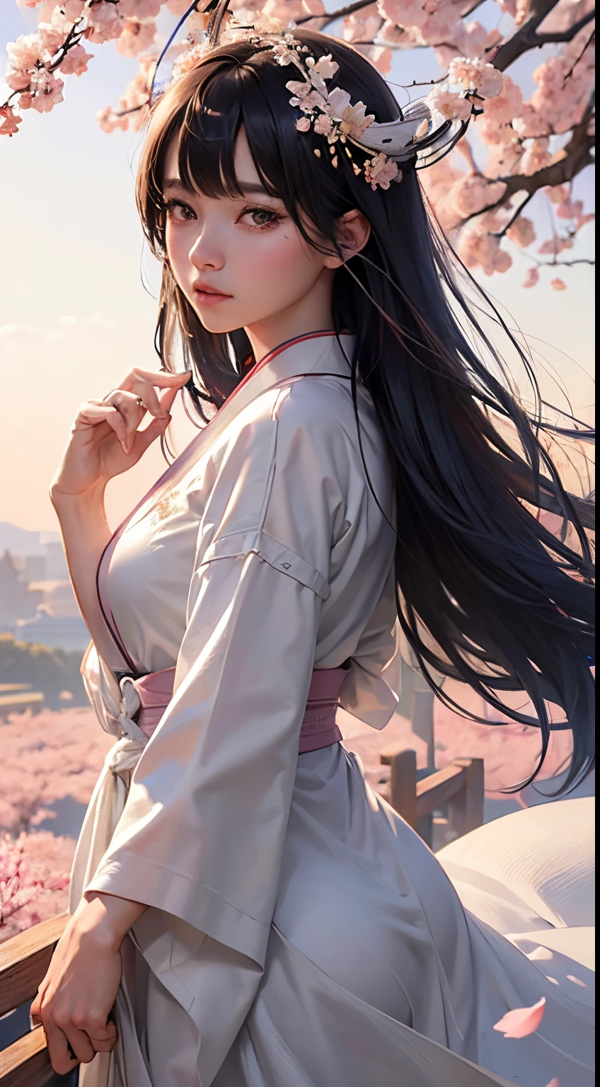 (A logo、​masterpiece、8K、masutepiece、Raw photo、Fantastic、Best Quality、Photorealistic and highly detailed CG integrated 8K wallpaper、hightquality、ighly detailed、epic poem、Particle effect、Dynamic effects、depth of fields、Cinematic Light、Lens Flare、Ray tracing)、Fantasia、 (1 beautiful woman in a white coat、robe blanche、Japanese dress、A dark-haired、Beautiful face、Real Face、beautiful details eyes beautiful skin)、Hair flutters in the wind、Hair jumps、Pink cherry blossom tree、Petals flutter、Sakura blizzard、Superb view、morning glow、Sun in the background、the wind、Deities、tusk、myth、Vast Land、