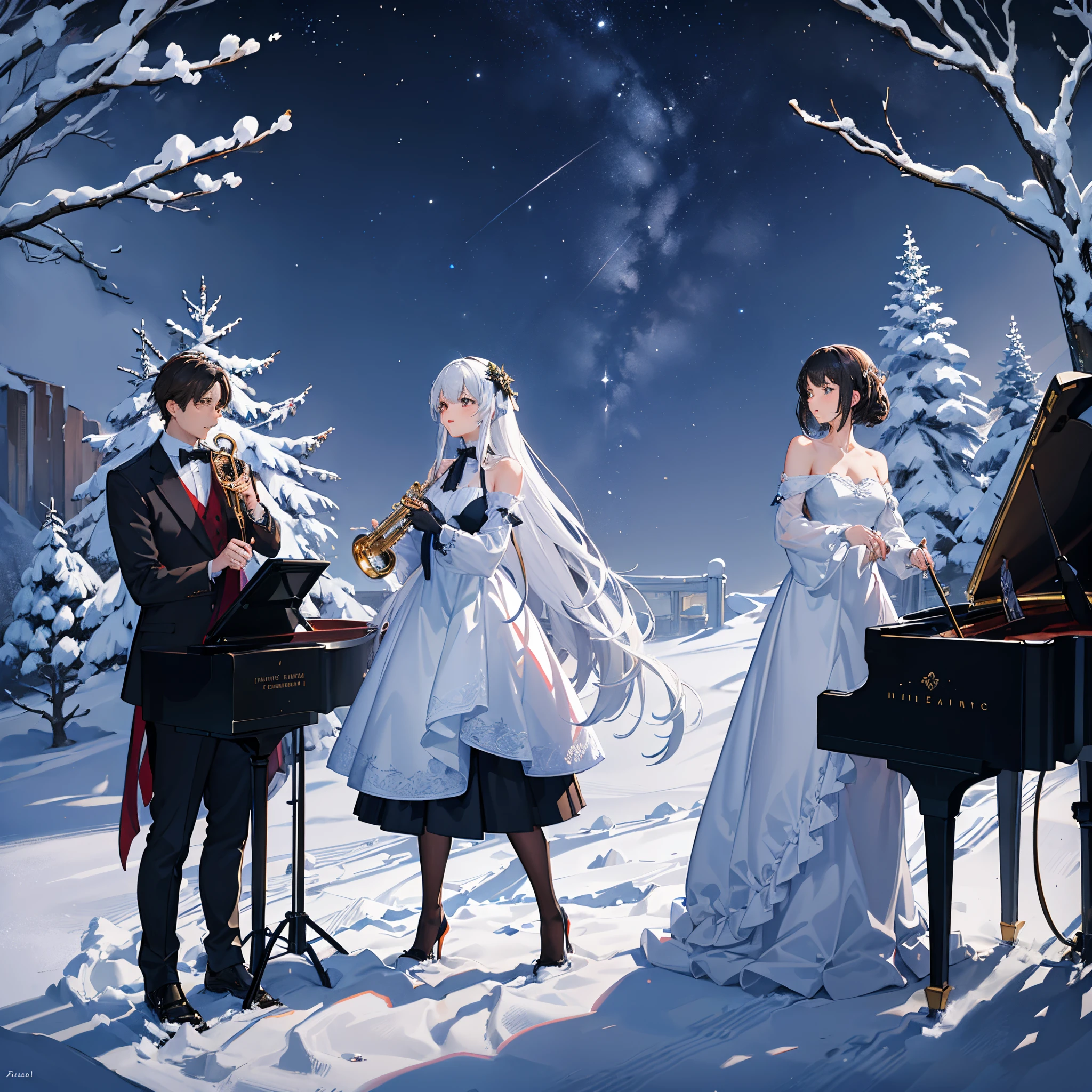 Imagine a picturesque scene from the top of a snow-covered hill during a magical Christmas evening. The composition begins with a single piano, playing a gentle and enchanting melody, setting the tone for the fairytale atmosphere. As the song progresses, the orchestration slowly builds, introducing strings, woodwinds, and brass instruments to create a rich and warm texture. In the middle of the piece, the tempo picks up slightly, reflecting a sense of excitement and grandeur. The orchestra reaches its full potential, with each instrument contributing to the festive and epic ambiance. The melody evolves, weaving a narrative that mirrors the beauty of the landscape. Towards the end, the music gracefully descends, creating a sense of tranquility. The orchestration gradually softens, and the fairytale melody returns, this time with a touch of nostalgia. As the final notes linger, imagine the view expanding to reveal a breathtaking panorama of a snow-covered valley, a serene forest, and a gently flowing river, all illuminated by the soft glow of moonlight and twinkling stars.