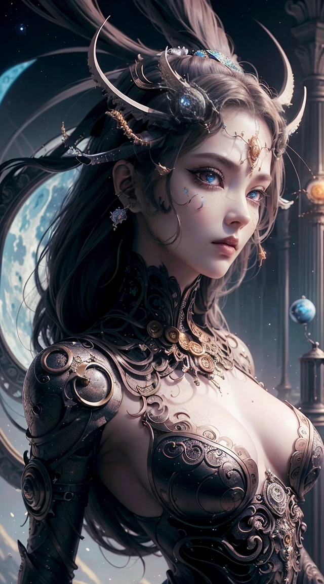 (((body portrait)))、(Best quality,ultra - detailed,Best Best Illustration,The best shadow,tmasterpiece,A high resolution,professionalartwork,famousartwork),Delicate eyes, beautiful eyes,closeup cleavage,sci-fy,colored sclera,Robot eye mark,Tattooed,(fractal,fractal eyes),largeeyes,largeeyes,(Eye focus),surface focus,the eye of the universe,Close up of metal sculpture of woman with moon in hair,Extremely detailed,goddess portrait,Detailed shots of the goddess,a stunning portrait of a goddess,Goddess side face avatar,Beautiful goddess body close-up portrait),goddess hecate,portrait of a norse moon goddess,goddess of space and time、((masterpiece、quality、ultraclear、A high resolution))、4k画质、((tremendous large,small perky tits,The kinky is exposed,The kinky is exposed,beautiful display,,show,focus,No)),hologram