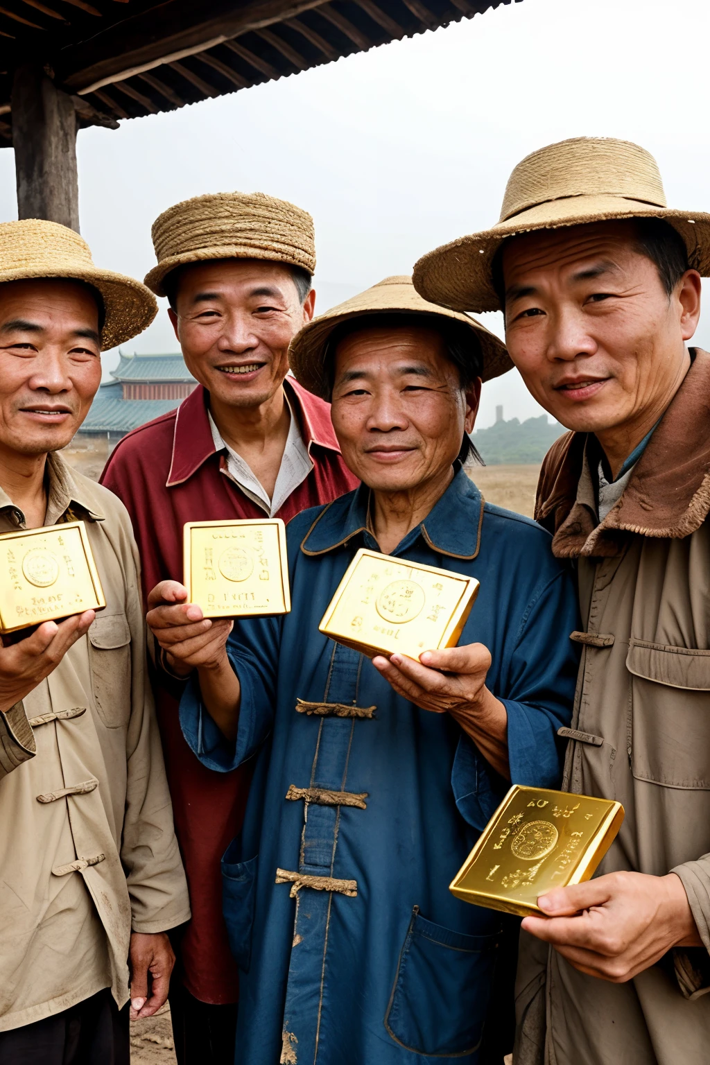 A group of old Chinese farmers wearing dirty and torn clothes holding gold bars in their hands。The environment is dirty,Everyone is happy and tall,Perfect facial features,Perfect hands,超高分辨率