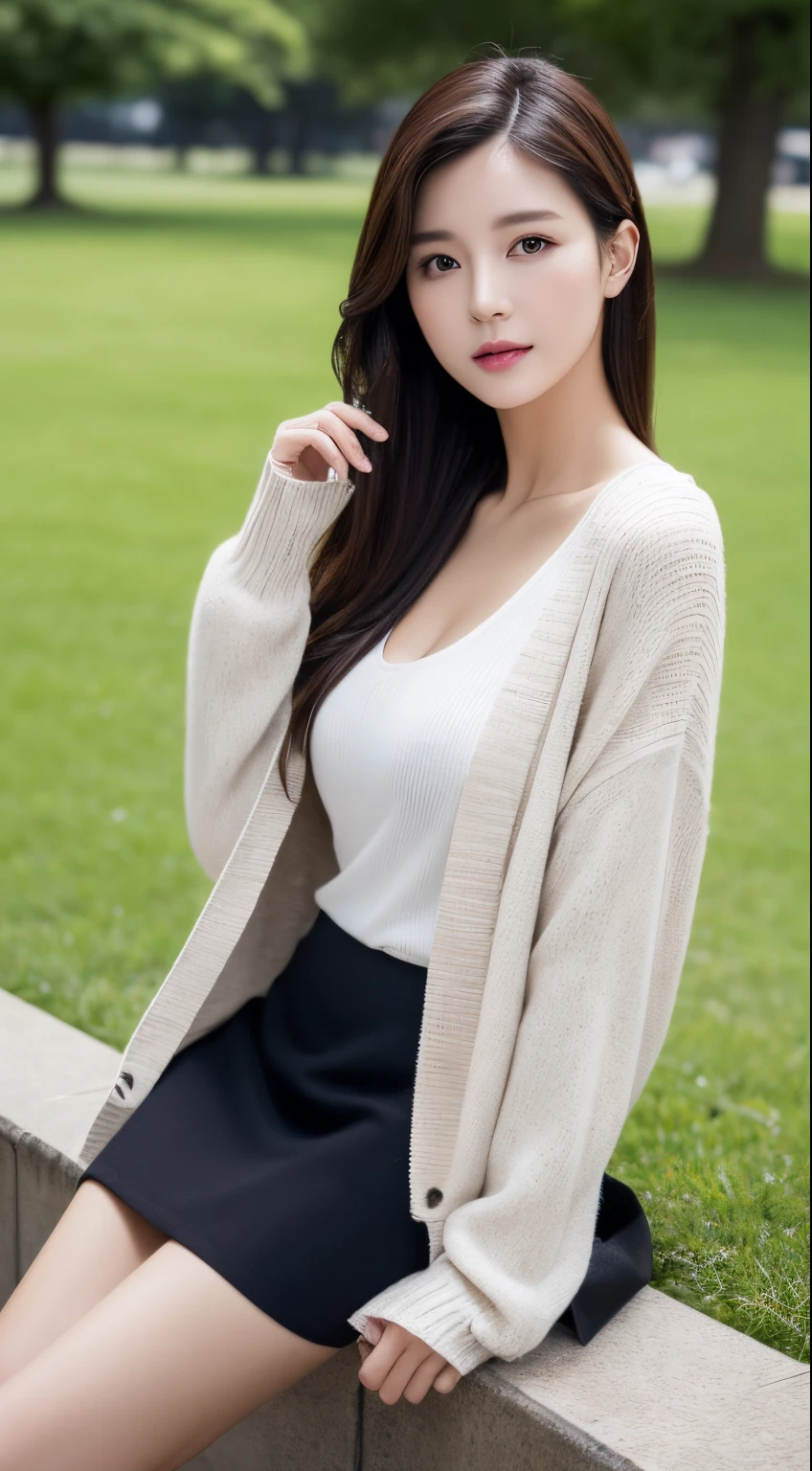 Photorealsitic(3.0)、独奏、1womanl、Beautuful Women、Frontal shot、small tits(0.1)、Detailed skin、Skirt with long hem、Elegant cardigan in white、FULL BODYSHOT、Waiting in the park、Frontal shot、wretched、Black short boots、