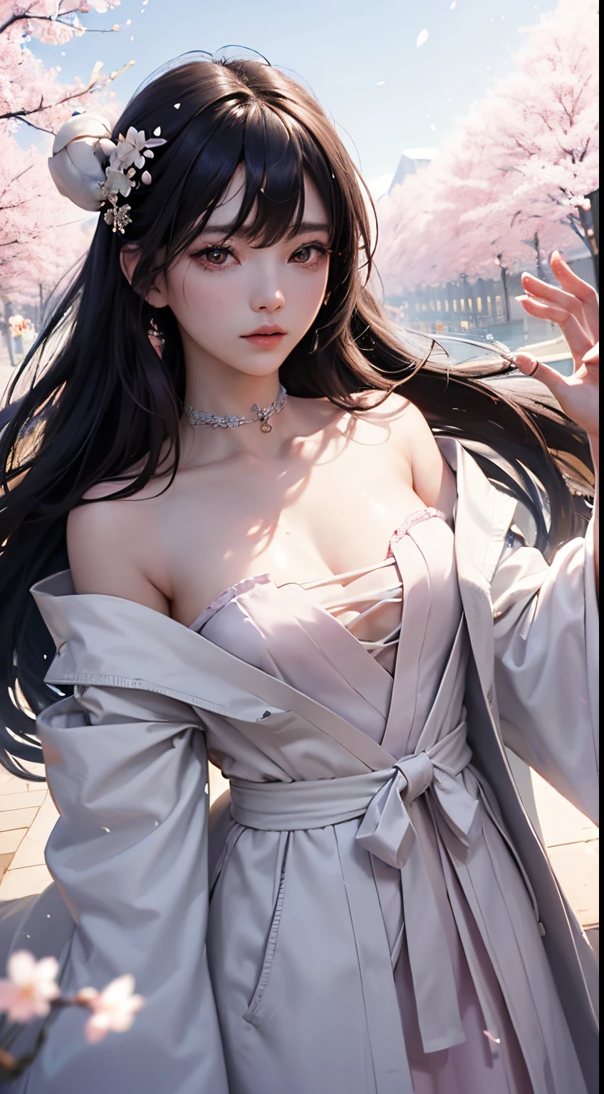 (A logo、masterpiece、8K、masutepiece、Raw photo、Fantastic、Best Quality、8K wallpaper that integrates photorealistic and high-definition CG、hightquality、ighly detailed、epic poem、Particle effect、Dynamic effects、depth of fields、Cinematic Light、Lens Flare、Ray tracing)、Fantasia、 (1 beautiful woman in a white coat、robe blanche、Japanese dress、A dark-haired、Beautiful face、Real Face、beautiful details eyes beautiful skin)、Hair flutters in the wind、Hair jumps、Pink cherry blossom tree、Petals flutter、Sakura blizzard、Superb view、morning glow、Sun in the background、the wind、Deities、tusk、myth、Vast Land、