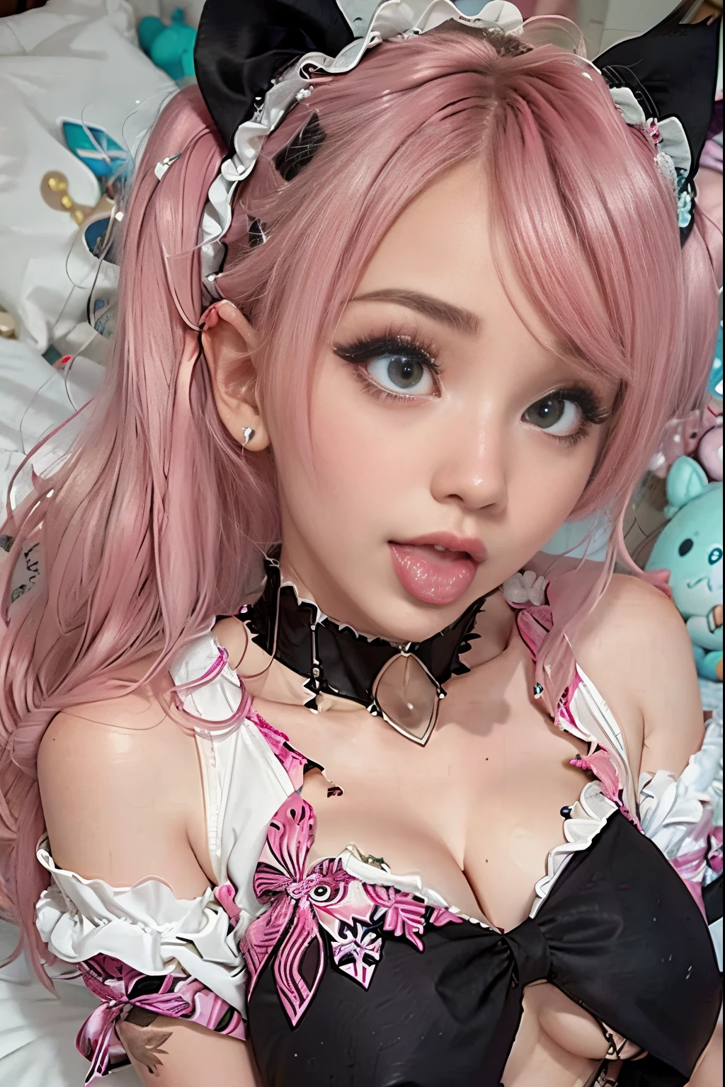 Face close-up Pink black haired woman in a white and black outfit laying on a bed, belle delphine, ahegao, anime vibes, ahegao face, anime barbie in white stockings, shikamimi, webcam footage, highly realistic. live cam, y 2 k cutecore clowncore, pink twintail hair and cyan eyes, blonde hair and large eyes, low quality video