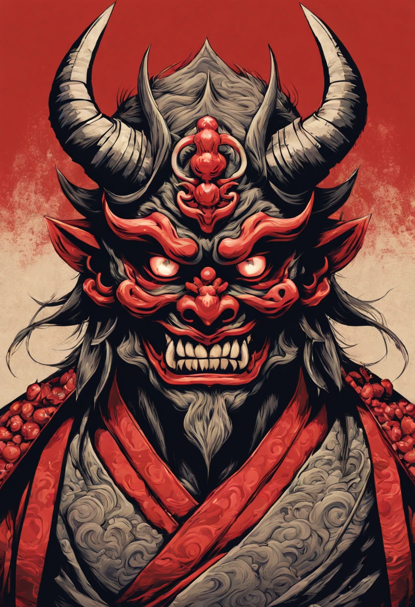 illustration of a demon with two swords and a skull, demon samurai mask, oni mask, villain wearing a red oni mask, samurai mask, samurai with demon mask, demon samurai, demon samurai warrior, oni horns, Inspired by Ryūkōsai Jokei, japanese art style, inspired by Kawanabe Kyōsai, Mysterious