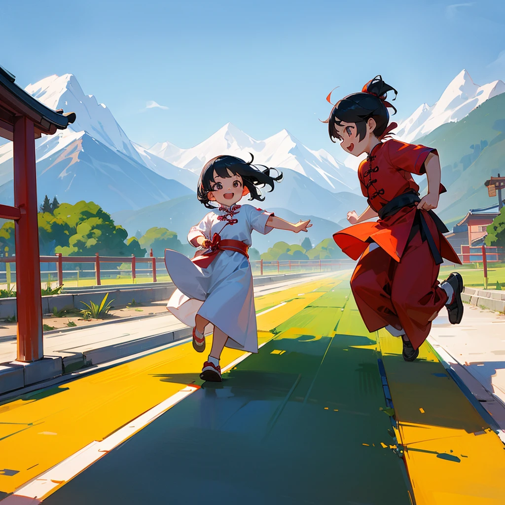 A 6-year-old Chinese girl and her 4-year-old brother ,Running in the backyard next to the mountains. ,Wearing traditional Chinese costume ,cute smiling face, perfect quality,