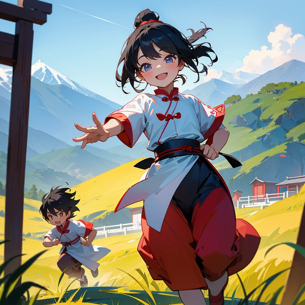A 6-year-old Chinese girl and her 4-year-old brother ,Running in the backyard next to the mountains. ,Wearing traditional Chinese costume ,cute smiling face, perfect quality,