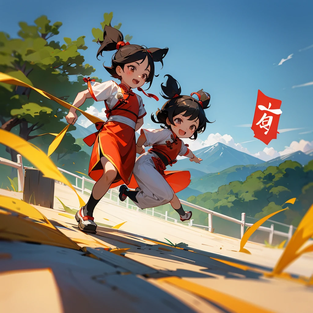 A 6--old nese girl and her 4-year-olotherunning in the backyard next to the mountains. ,Wearing traditional Chinese costume ,cute smiling face,  perfect quality,
