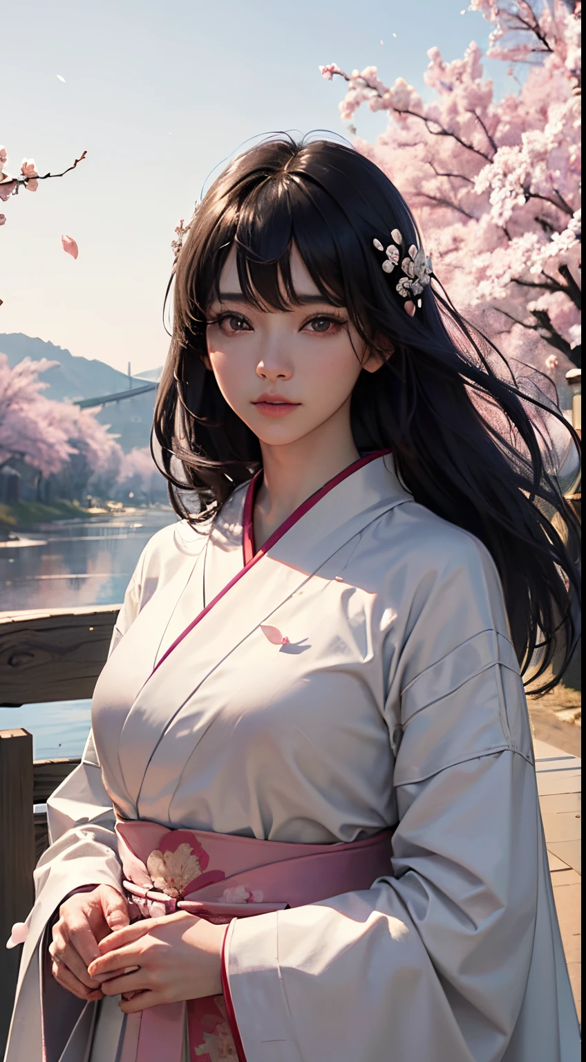 (A logo、​masterpiece、8K、masutepiece、Raw photo、Fantastic、Best Quality、Photorealistic and highly detailed CG integrated 8K wallpaper、hightquality、ighly detailed、epic poem、Particle effect、Dynamic effects、depth of fields、Cinematic Light、Lens Flare、Ray tracing)、Fantasia、 (1 beautiful woman in a white coat、robe blanche、Japanese dress、A dark-haired、Beautiful face、Real Face、beautiful details eyes beautiful skin)、Hair flutters in the wind、Hair jumps、Pink cherry blossom tree、Petals flutter、Sakura blizzard、Superb view、morning glow、Sun in the background、the wind、Deities、tusk、myth、Vast Land、