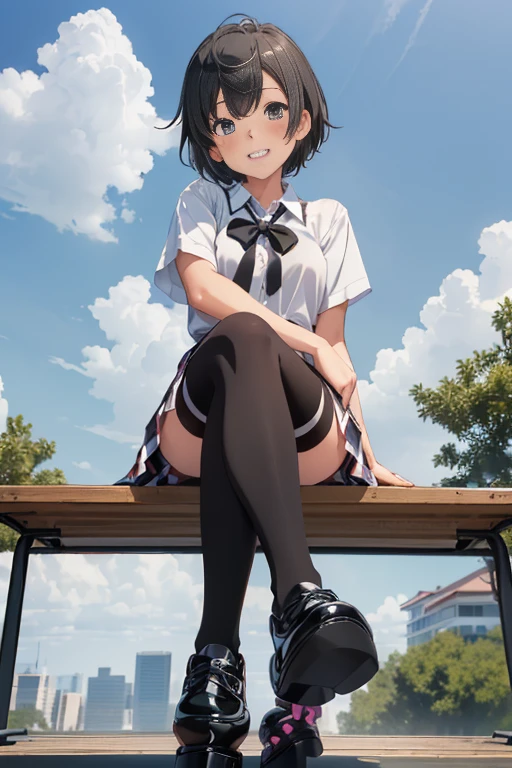 (masterpiece, best quality:1.2), cowboy shot, solo, 1girl, ((short hair:1.4)), yukinoshita yukino, ((wide smile1.4)), ((looking at viever:1.4)), ((Sky from below:1.4)), ((full body)), (sitting on bench:1.4)),((crossed legs:1.4)), school uniform, plaid skirt, ((thighhighs)), outside, ((blushing:1.4)), ((black platform shoes:1.4)), sunny day