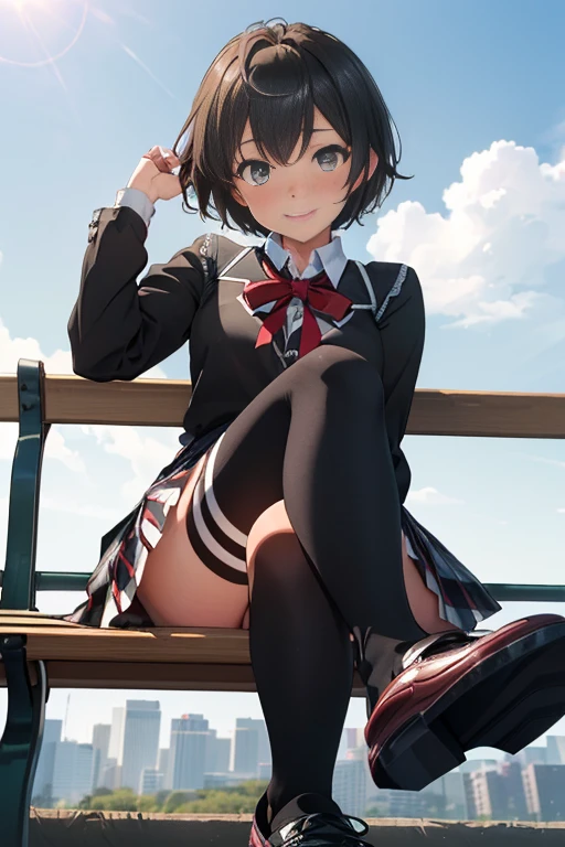 (masterpiece, best quality:1.2), cowboy shot, solo, 1girl, ((short hair:1.4)), yukinoshita yukino, ((wide smile1.4)), ((looking at viever:1.4)), ((Sky from below:1.4)), ((full body)), (sitting on bench:1.4)),((crossed legs:1.4)), school uniform, plaid skirt, ((thighhighs)), outside, ((blushing:1.4)), ((black platform shoes:1.4)), sunny day